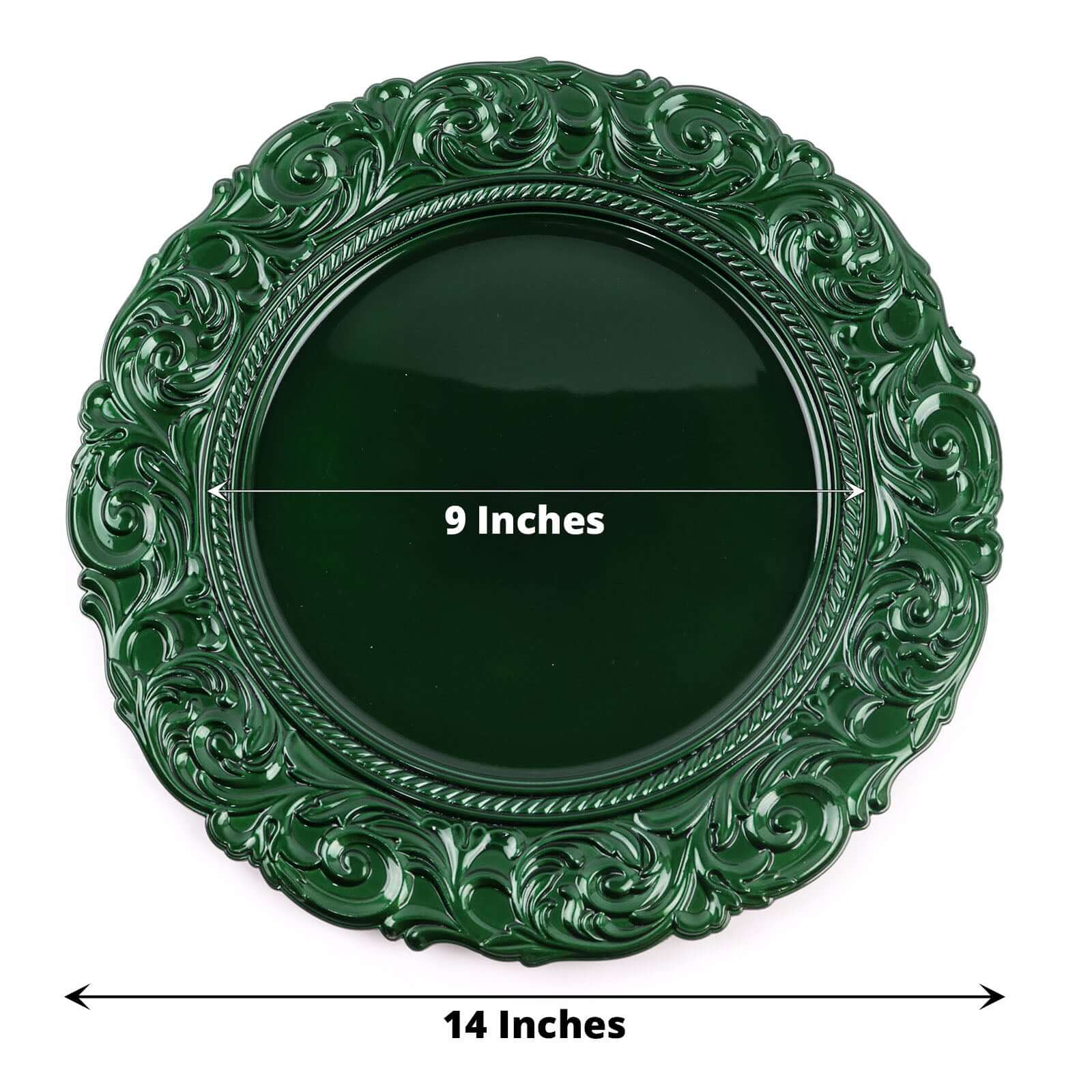 6-Pack Acrylic Round Charger Plates 14 in Hunter Emerald Green with Engraved Baroque Rim, Vintage Disposable Decorative Chargers