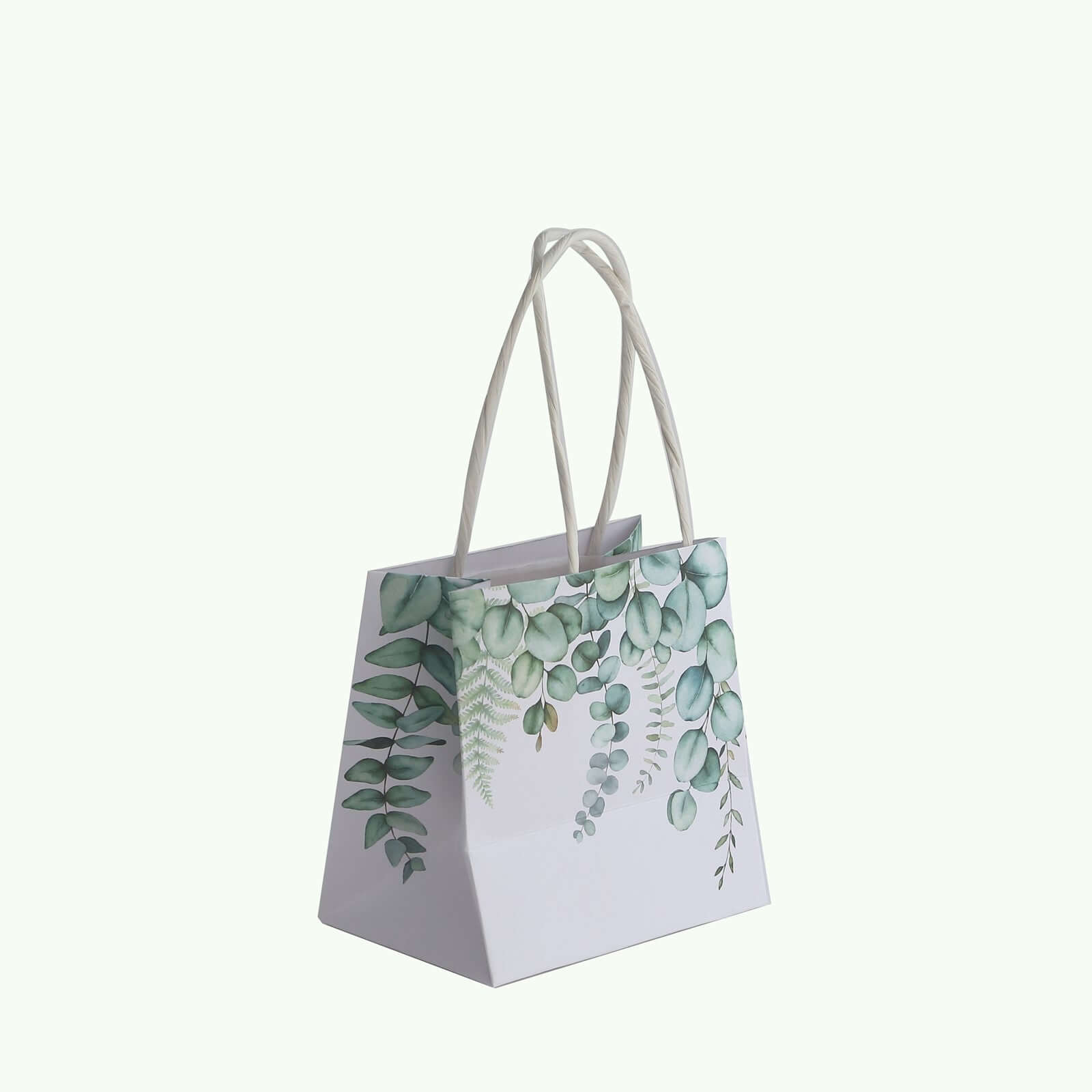 12 Pack White Green Eucalyptus Leaves Paper Party Favor Bags With Handles, Small Gift Goodie Bags - 4x4