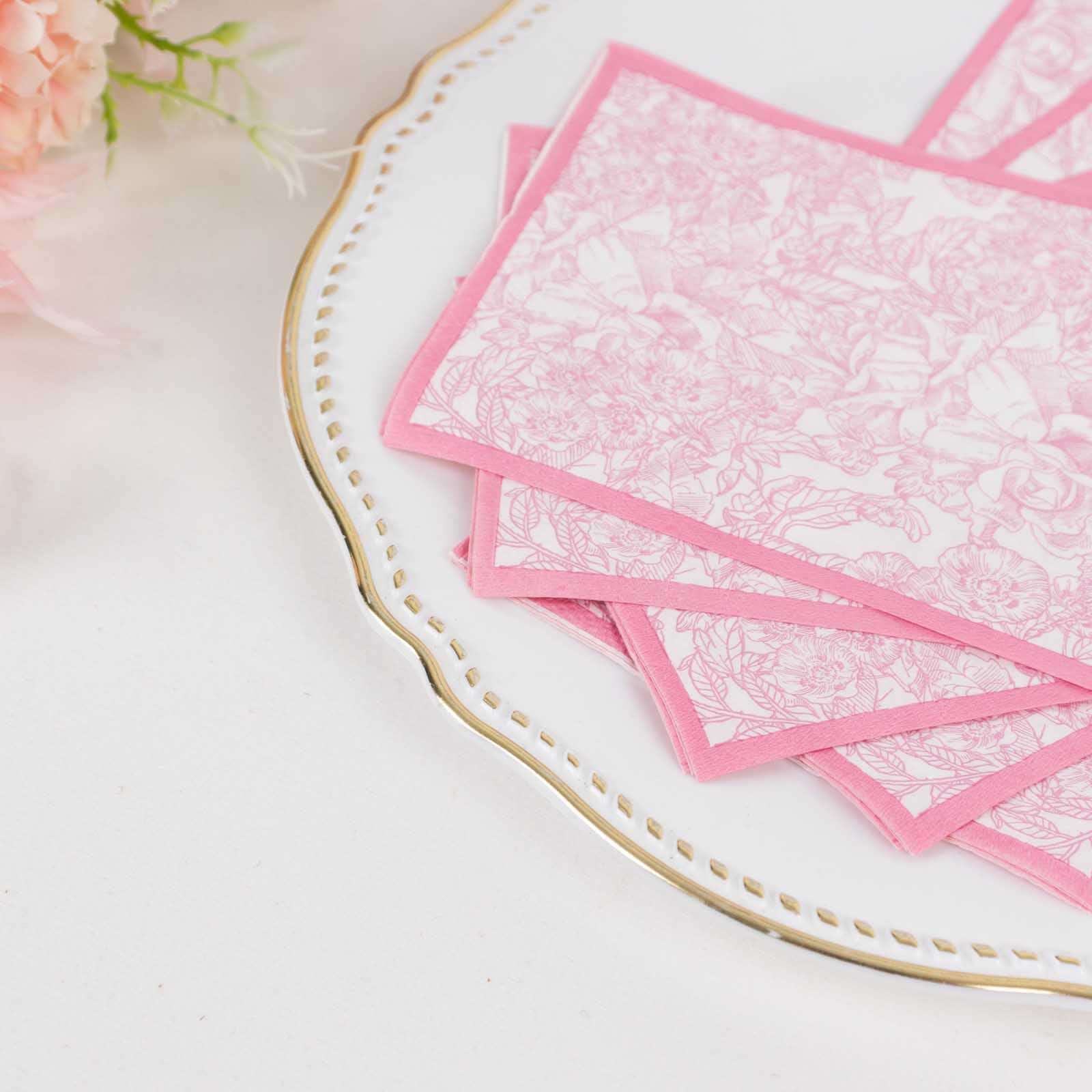 25-Pack Paper Dinner Napkins Pink with French Toile Pattern 2 Ply - Stylish Disposable Napkins for Events