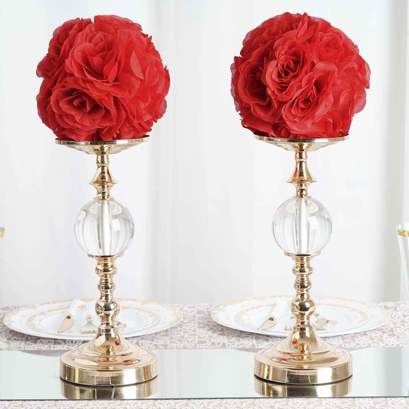 2 Pack 7 Red Artificial Silk Rose Kissing Ball, Faux Flower Ball