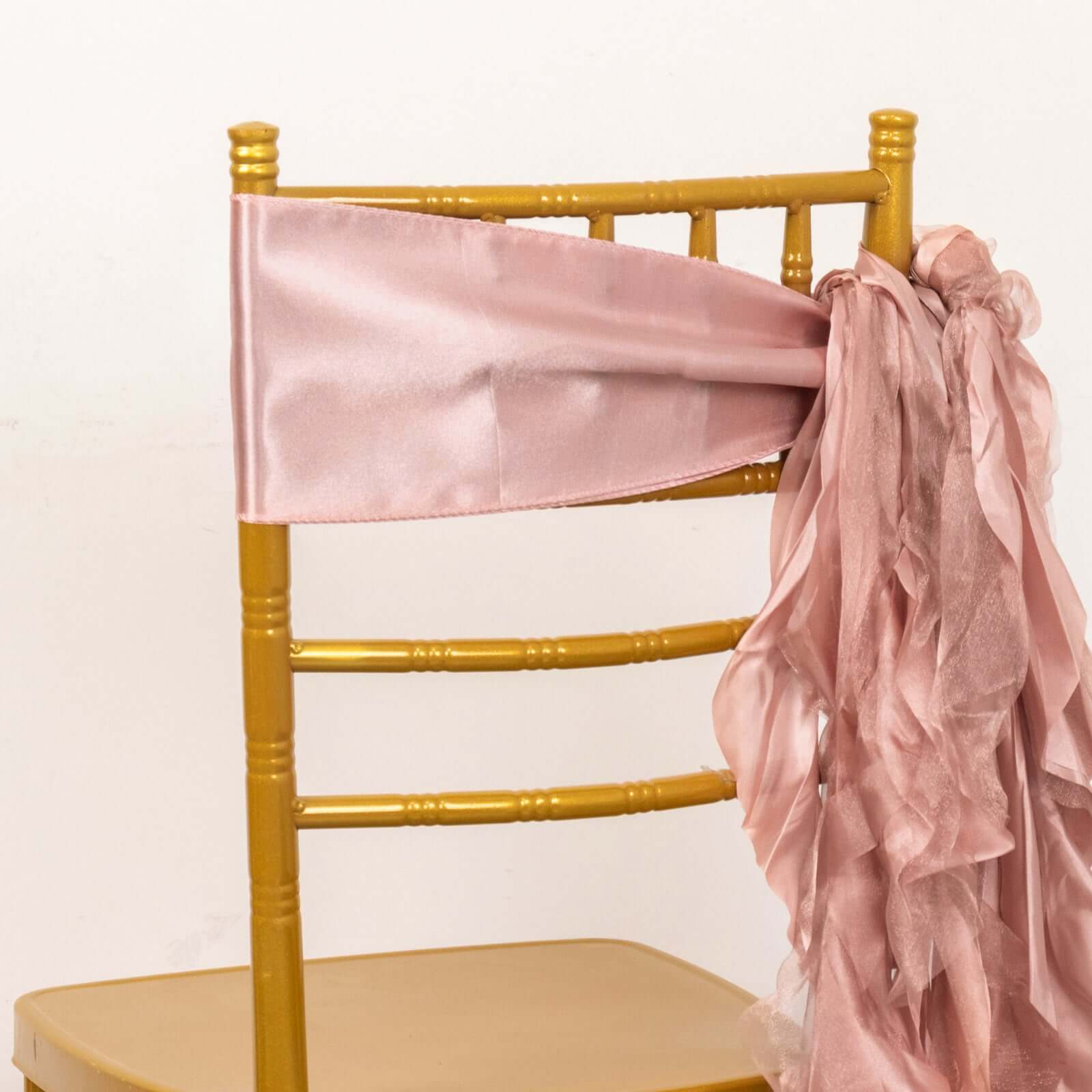 5 Pack Chiffon Satin Chair Sashes Mauve - Easy to Install Ruffled Curly Willow