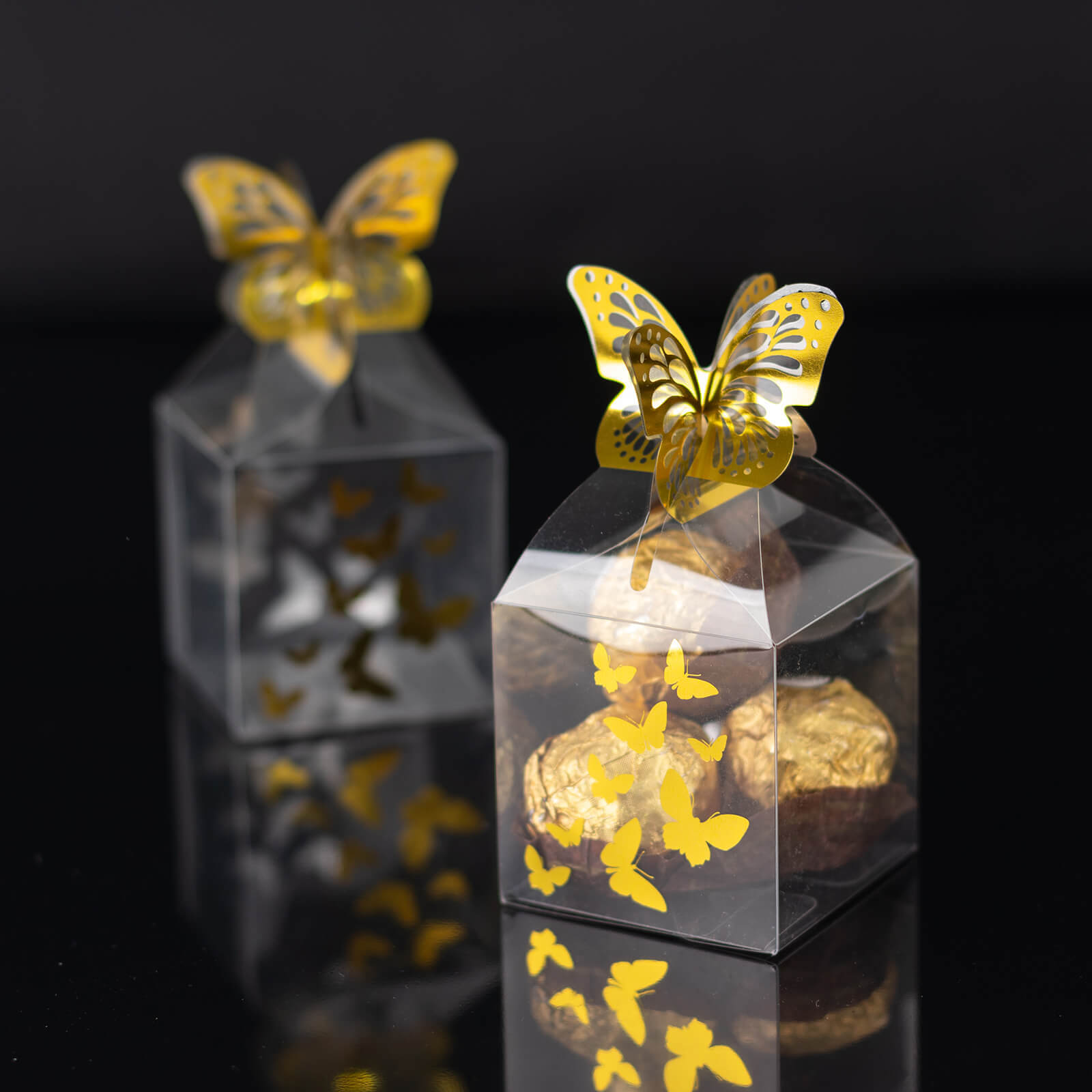 25 Pack Clear Transparent Square Party Favor Boxes with Gold Butterfly Top, Clear Candy Treat Gift Boxes - 2x2x4