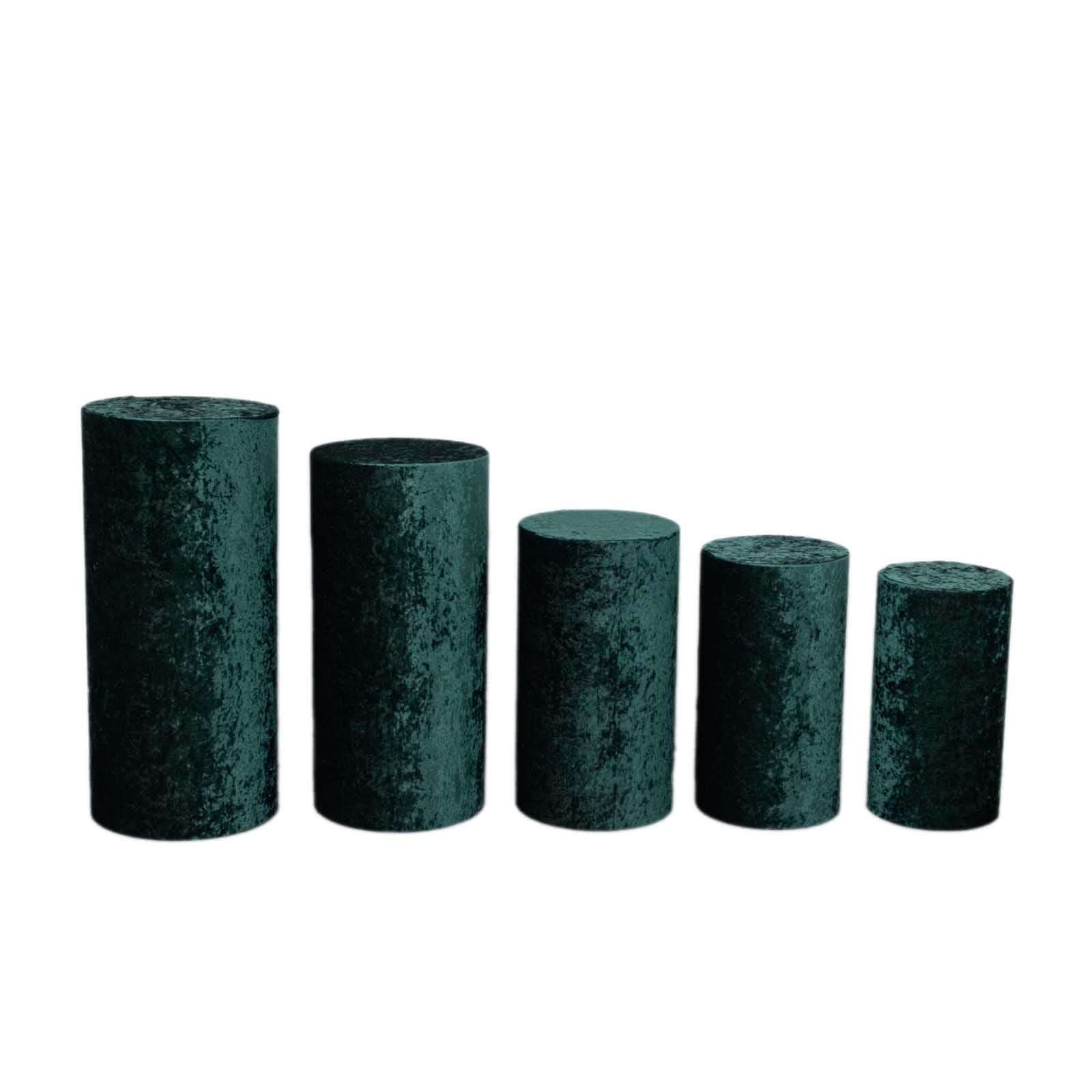 Set of 5 Hunter Emerald Green Crushed Velvet Cylinder Pedestal Stand Covers, Premium Pillar Prop Covers