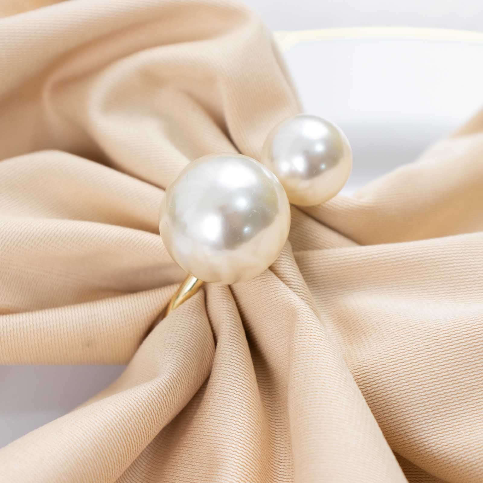 10 Pack White Pearl Gold Metal Napkin Holders Dining Table Decor, Elegant Round Wedding Napkin Rings - 2.5