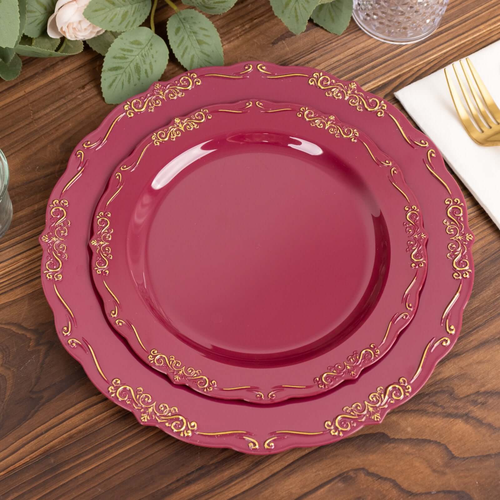 10-Pack Plastic 7 Round Dessert Plates in Burgundy with Gold Vintage Embossed Rim - Sturdy Disposable Scalloped Edge Salad Plates