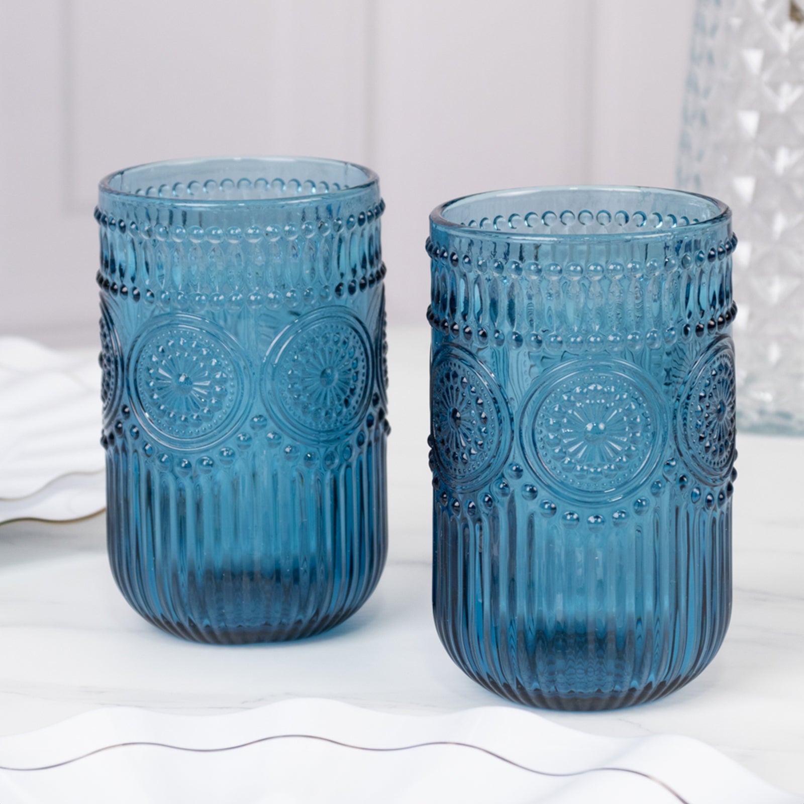 6-Pack Glass Tumblers Ocean Blue Vintage Embossed Design with Textured Floral Pattern - Highball Glasses for Drinks & Parties 14oz