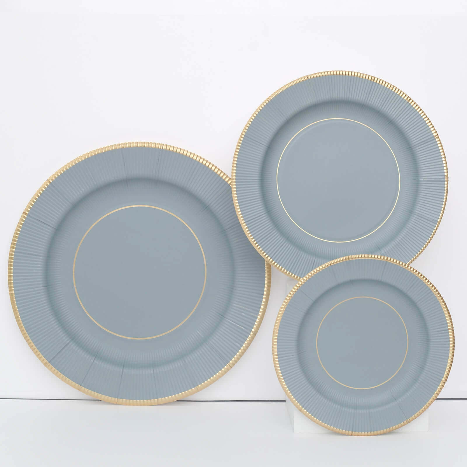 25-Pack Paper 10 Round Dinner Plates in Dusty Blue Sunray Design with Gold Rim - Disposable Heavy Duty 350GSM Party Plates