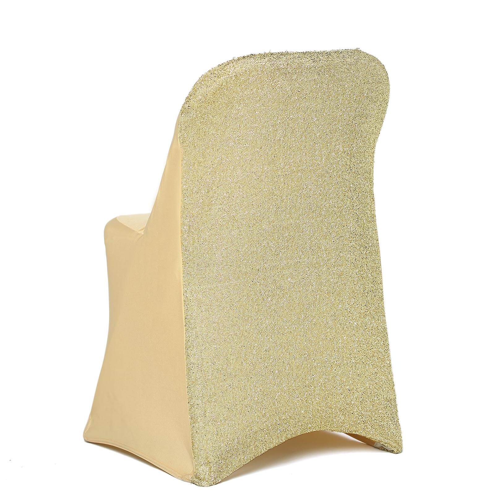 Stretch Spandex Chair Cover Champagne for Folding Chairs - Metallic Shimmer Tinsel Back Design Fitted Slipcover