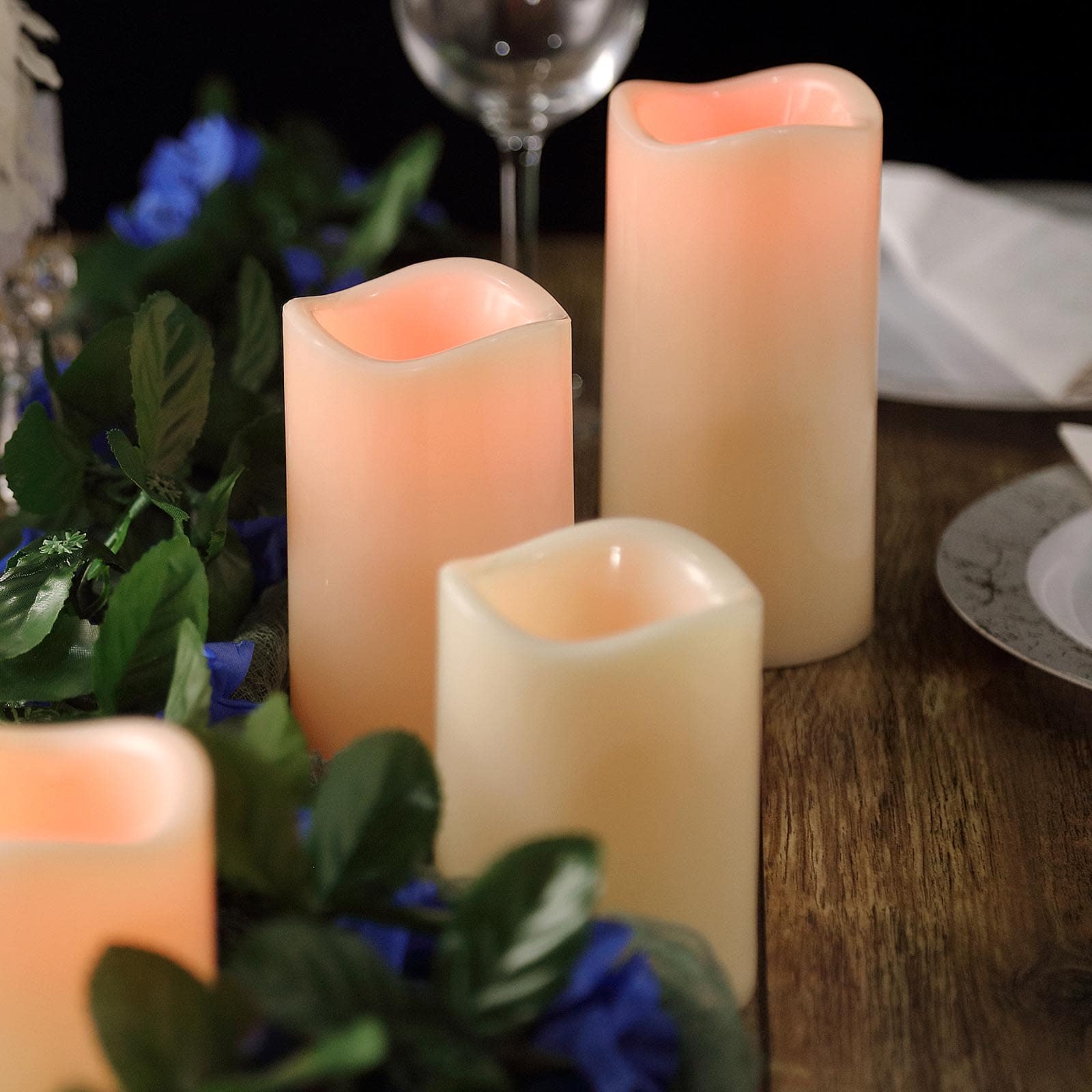 Set of 5 LED Flickering Pillar Candles Color Changing Ivory with Remote - Battery Operated 4, 5, 6