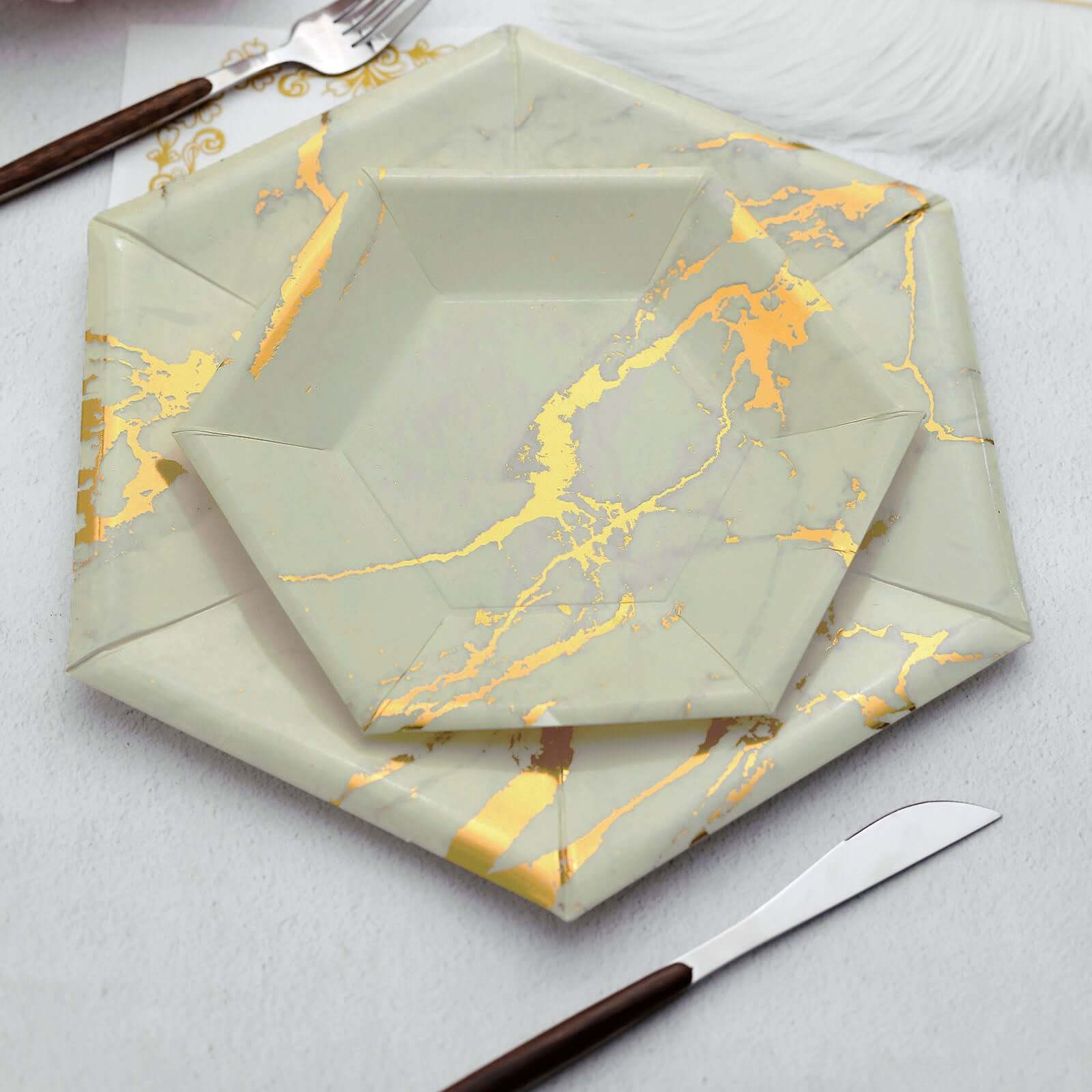 25 Pack Ivory Marble 12 Serving Dinner Paper Plates, Disposable Hexagon Geometric Shaped Plates With Gold Foil Marble Design - 400 GSM