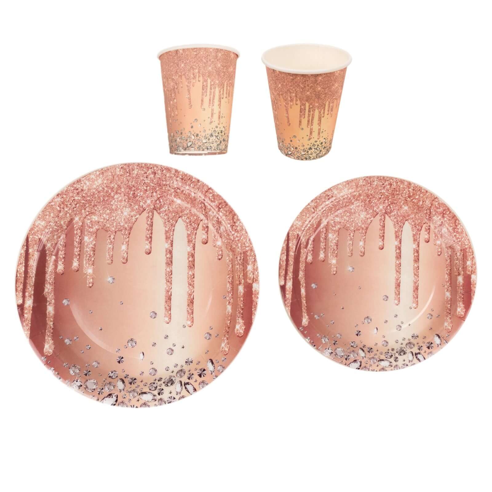 72 Pcs Paper Dinnerware Set with Diamonds Glitter Drip Pattern Rose Gold - Disposable Tableware Combo-Pack with Plates and Cups