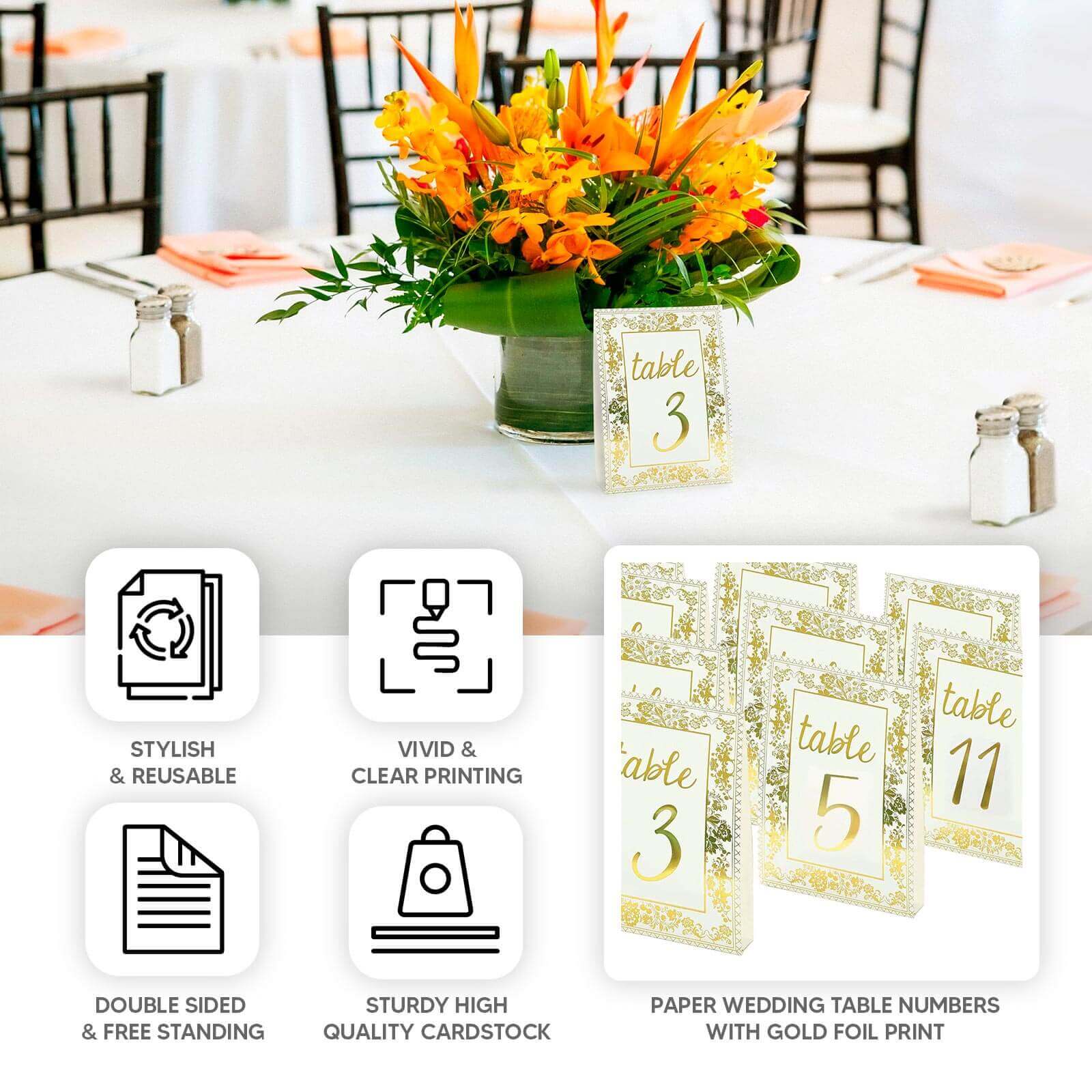 25-Pack Paper Wedding Table Numbers 1-25 White/Metallic Gold French Toile Design - Free Standing Double Sided Table Signs with Glam Gold Foil Numbers 7