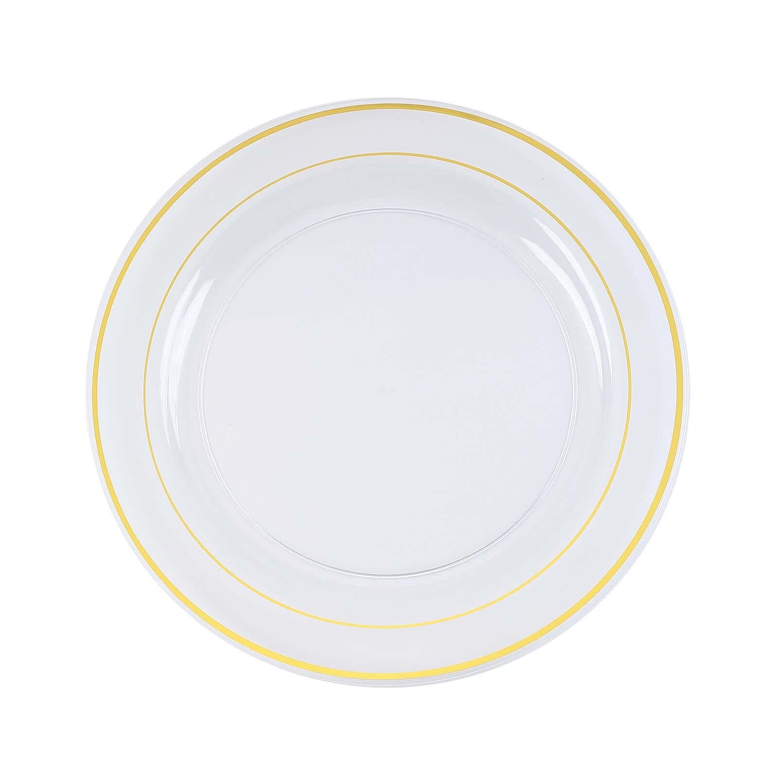 10-Pack Plastic Dinner Plates Clear with Très Chic Gold Rim - Perfect Disposable Party Plates 10