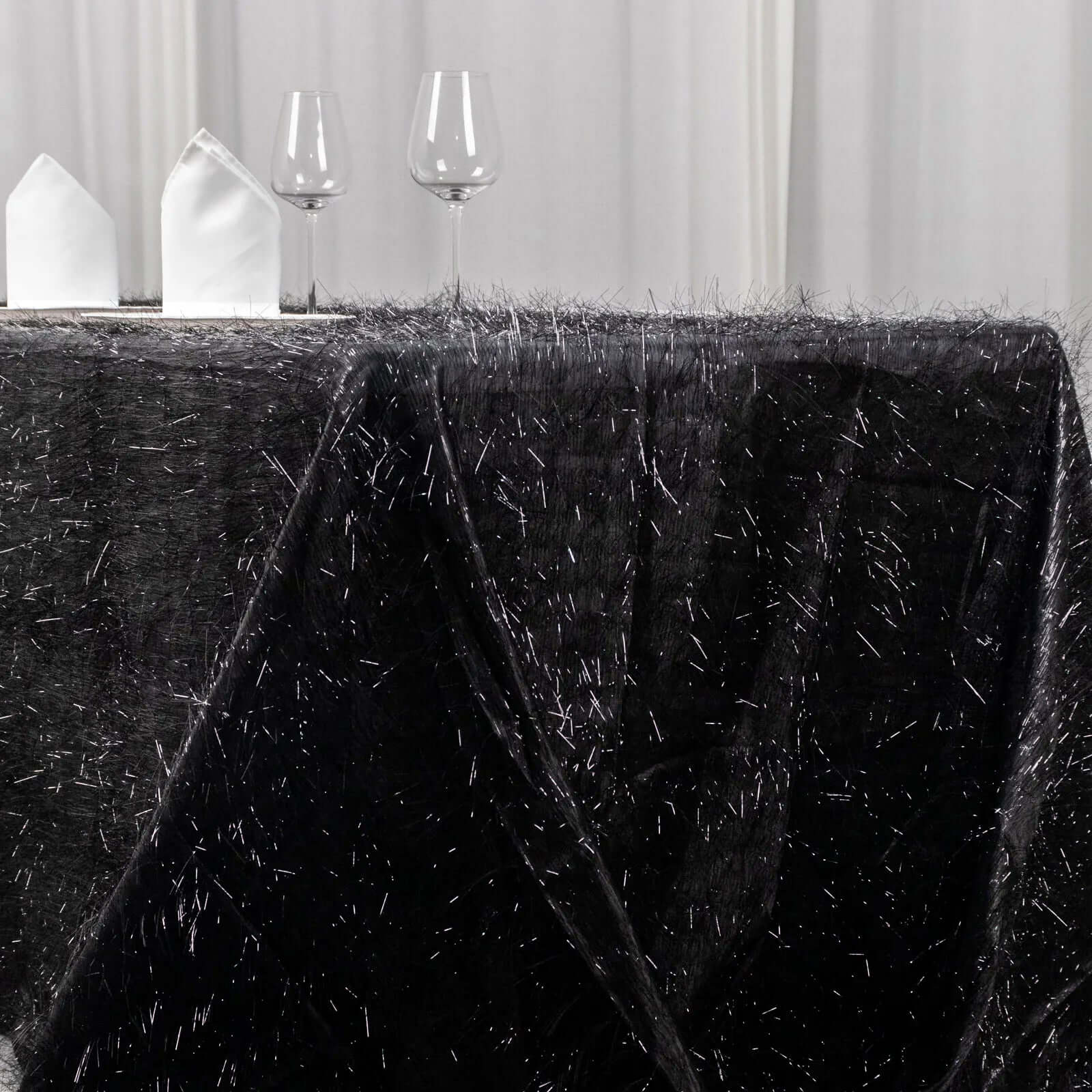 Polyester 90x156 Rectangle Tablecloth Black Metallic Fringe Shag Tinsel Table Cover