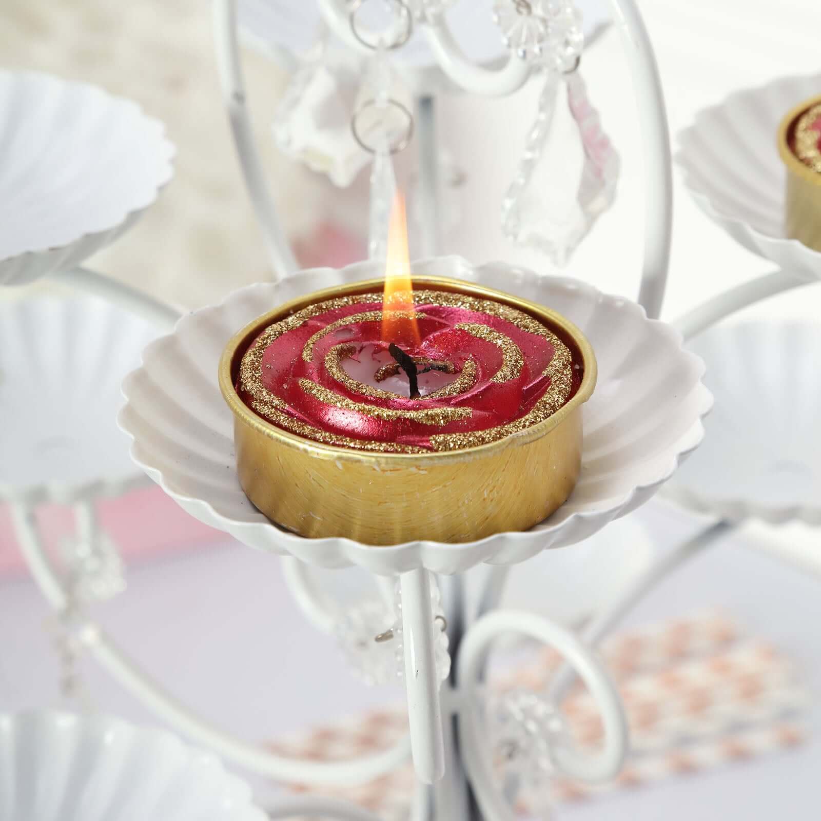 2-Pack Tealight Candles Red/Gold Glitter Rose Design - Unscented Dripless Wax for Romantic Decor