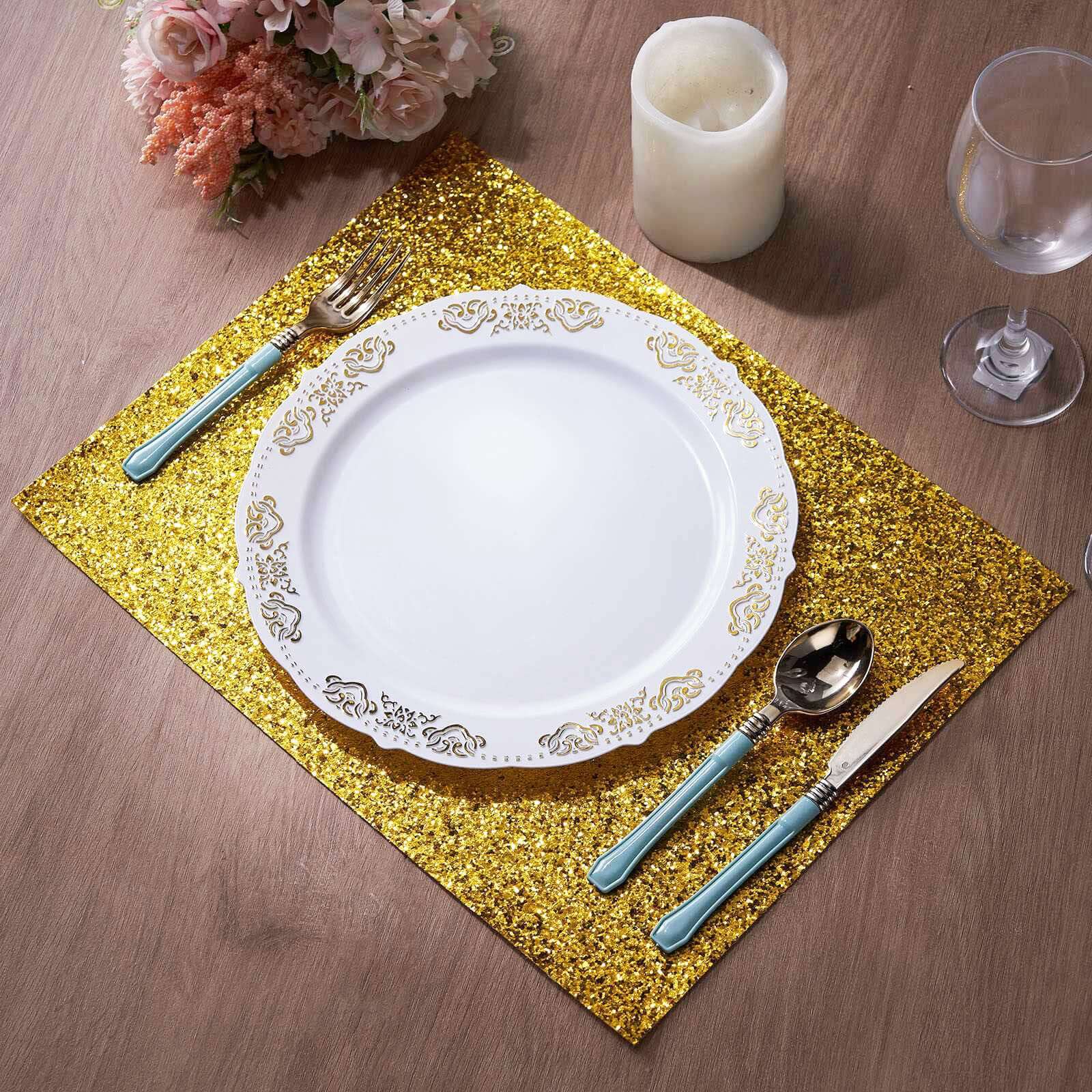 6-Pack Placemats Glitter Design Gold Sparkle Rectangle - Non-Slip Decorative Dining Table Mats 12x18