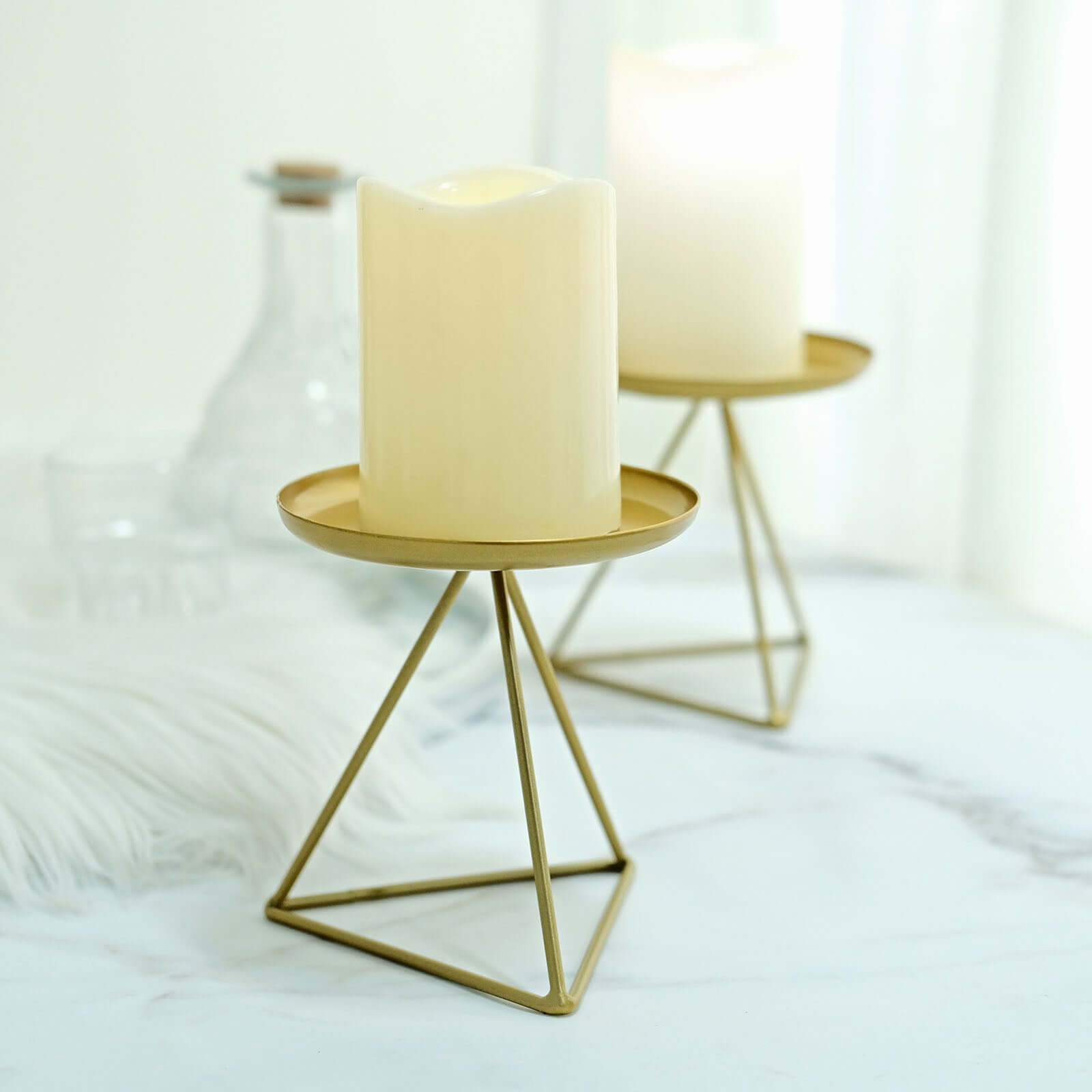 2-Pack Pillar Candle Holders Gold Metal Geometric Triangle Base Design - Decorative Centerpiece 5