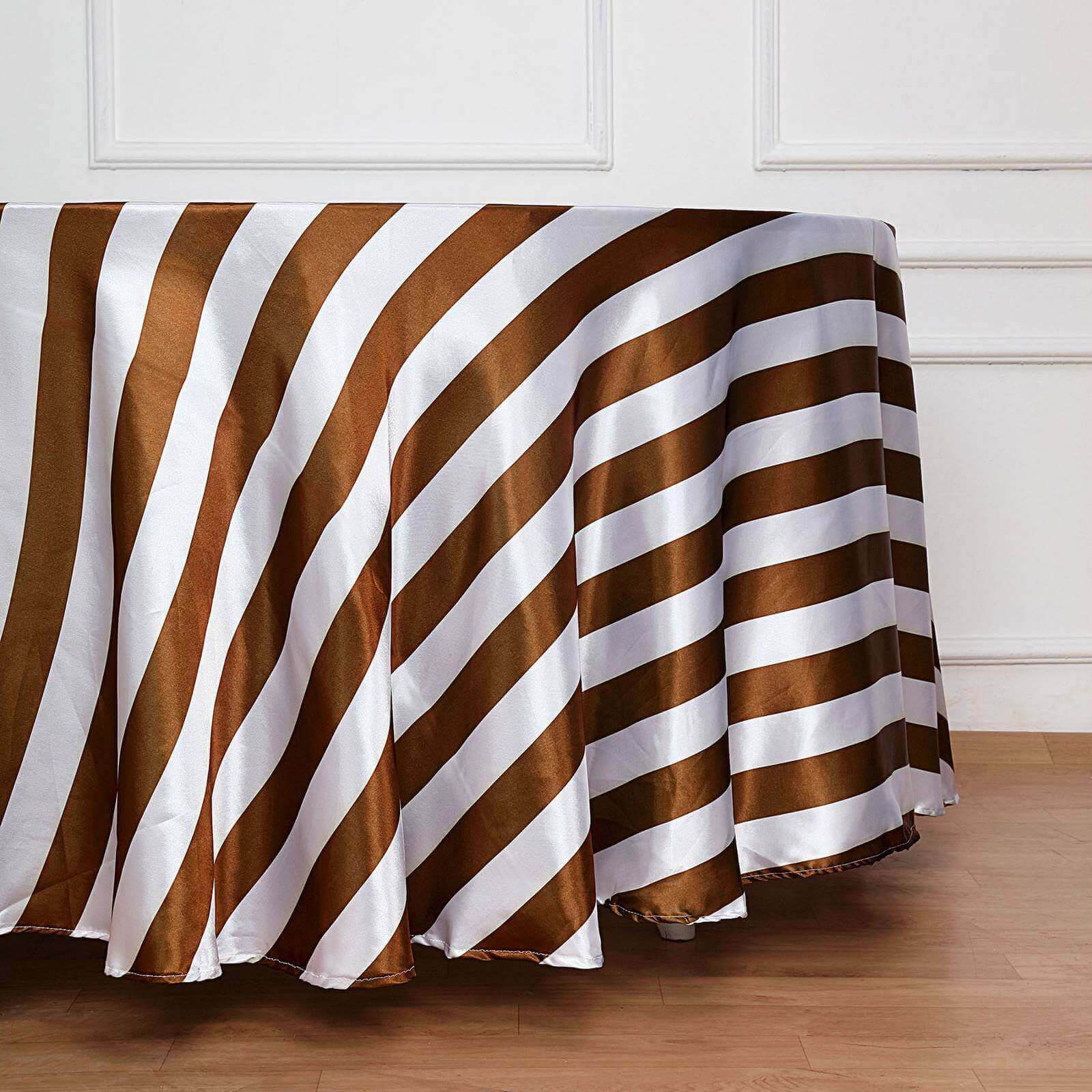 Satin 120 Round Tablecloth Gold/White - Stripe Design with Seamless Silky Smooth Finish Table Cover