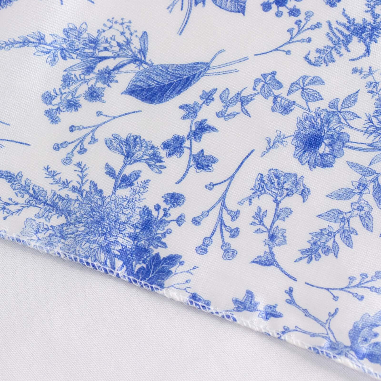 Satin Round 90x132 Tablecloth White/Blue French Toile Design - Seamless Stylish & Wrinkle-Resistant Table Cover