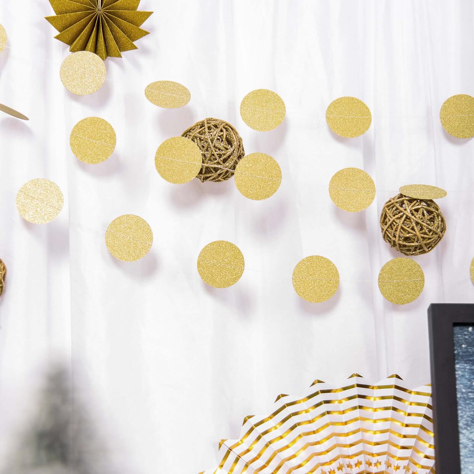 3 Pack 7.5ft Gold Circle Dot Party Paper Garland Banner, Hanging Backdrop Streamer