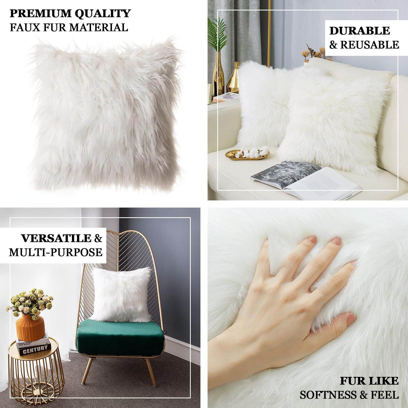 2 Pack 18 White Faux Fur Sheepskin Throw Pillow Cases, Square Pillow Covers