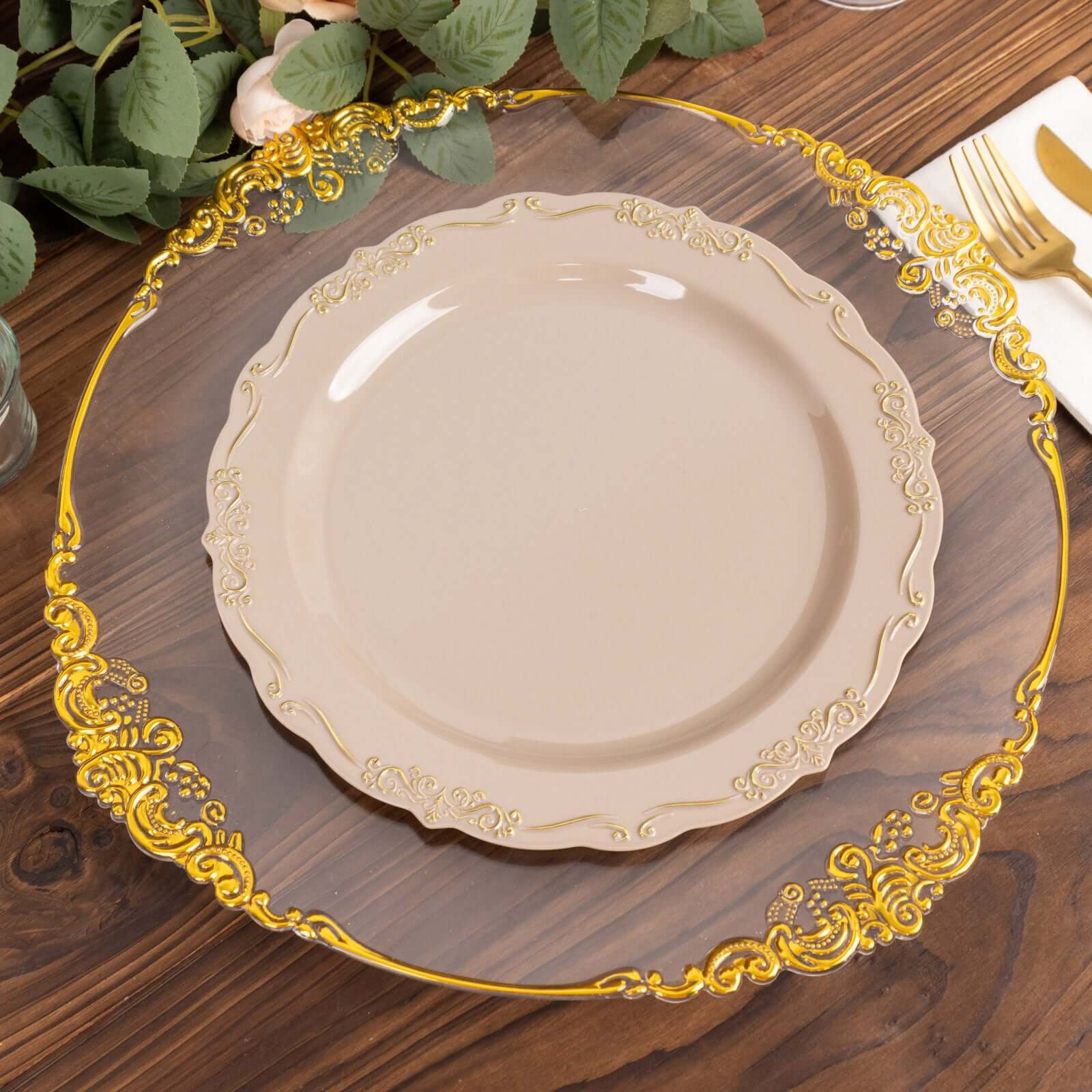 10-Pack Plastic 10 Round Dinner Plates in Taupe with Gold Vintage Embossed Rim - Sturdy Disposable Scalloped Edge Party Plates