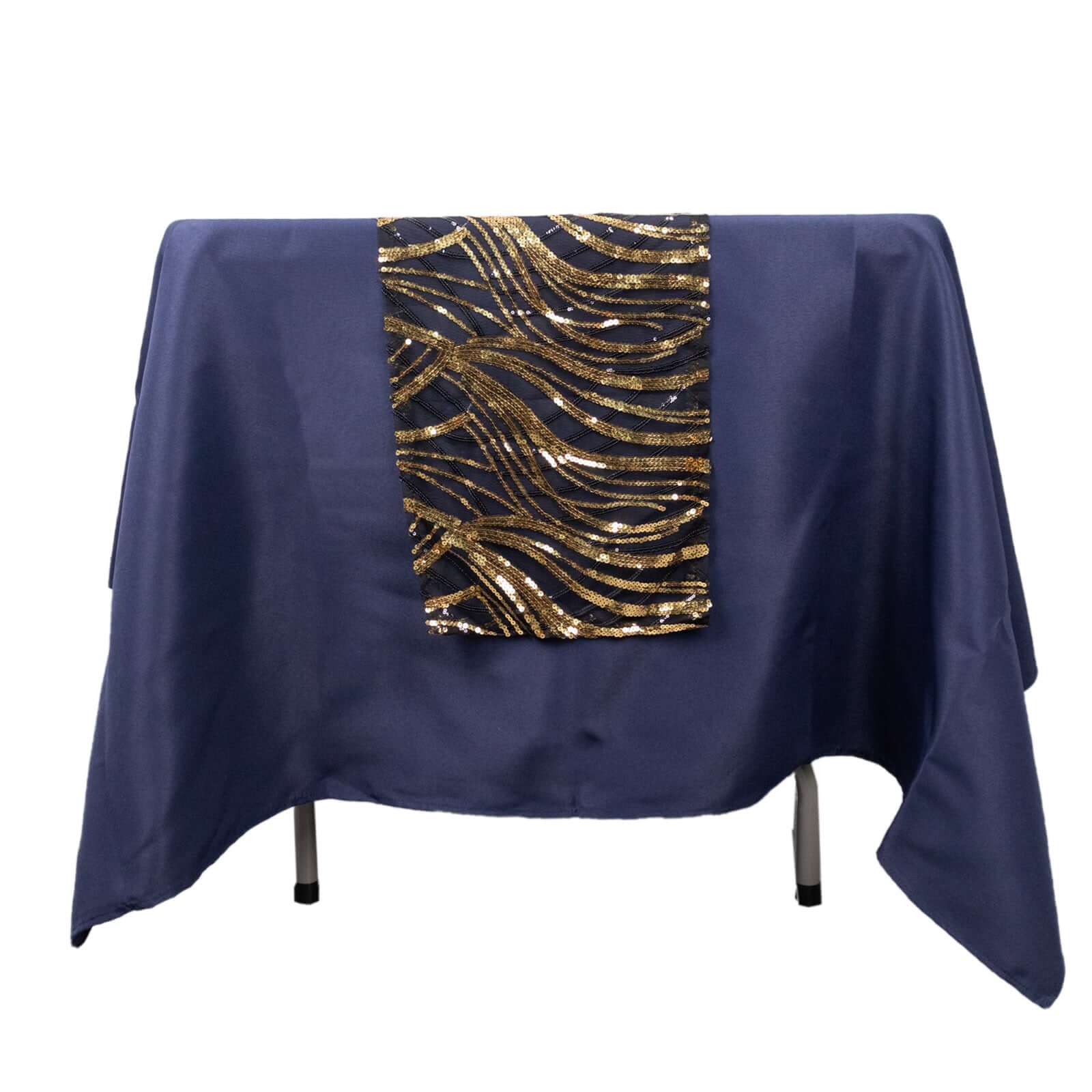 Sequin Mesh 12x108 Table Runner Black Gold Stylish Wave Embroidery