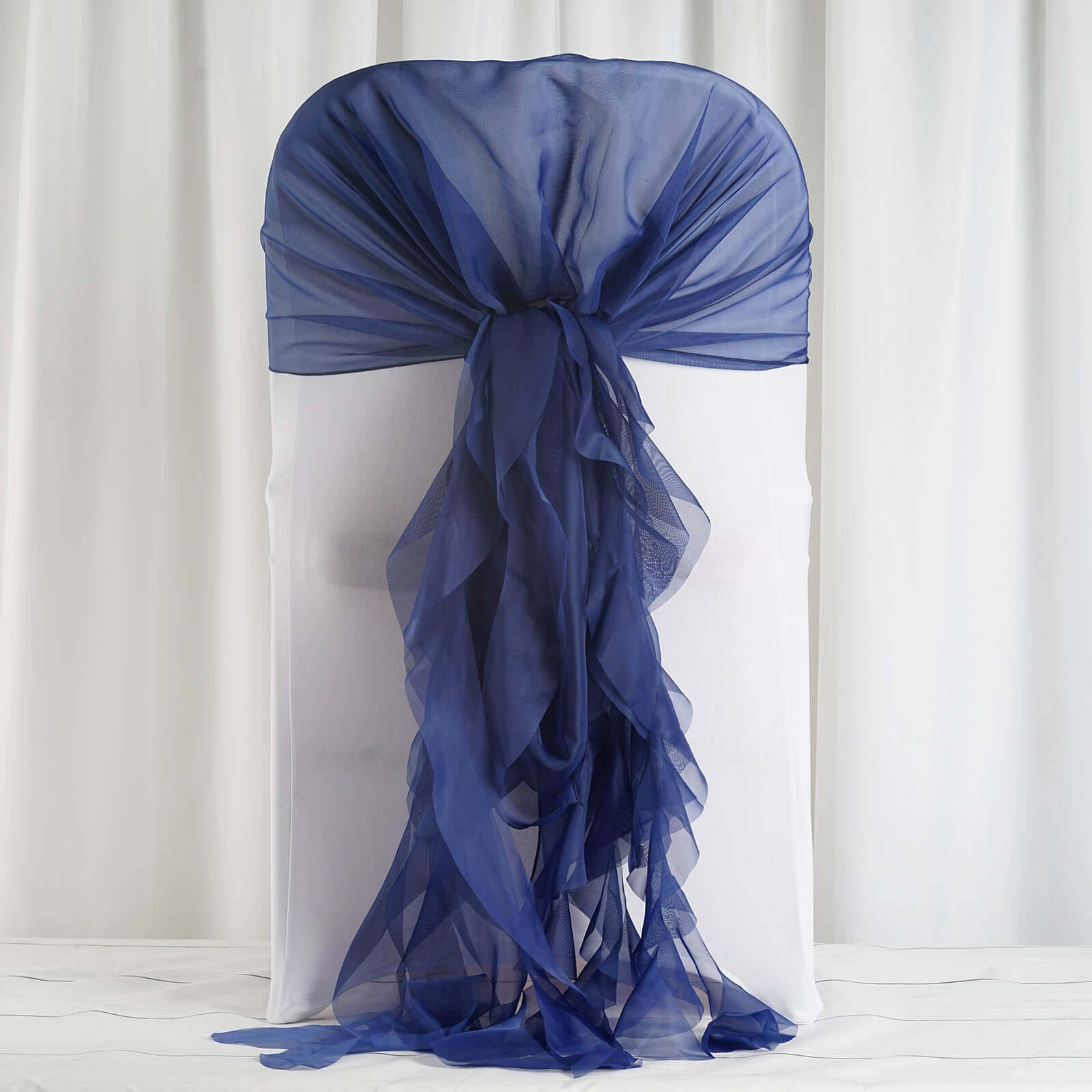 1 Set Chiffon Hoods Chair Sashes with Willow Ruffles Design Navy Blue - Stylish Chair Bow Decor