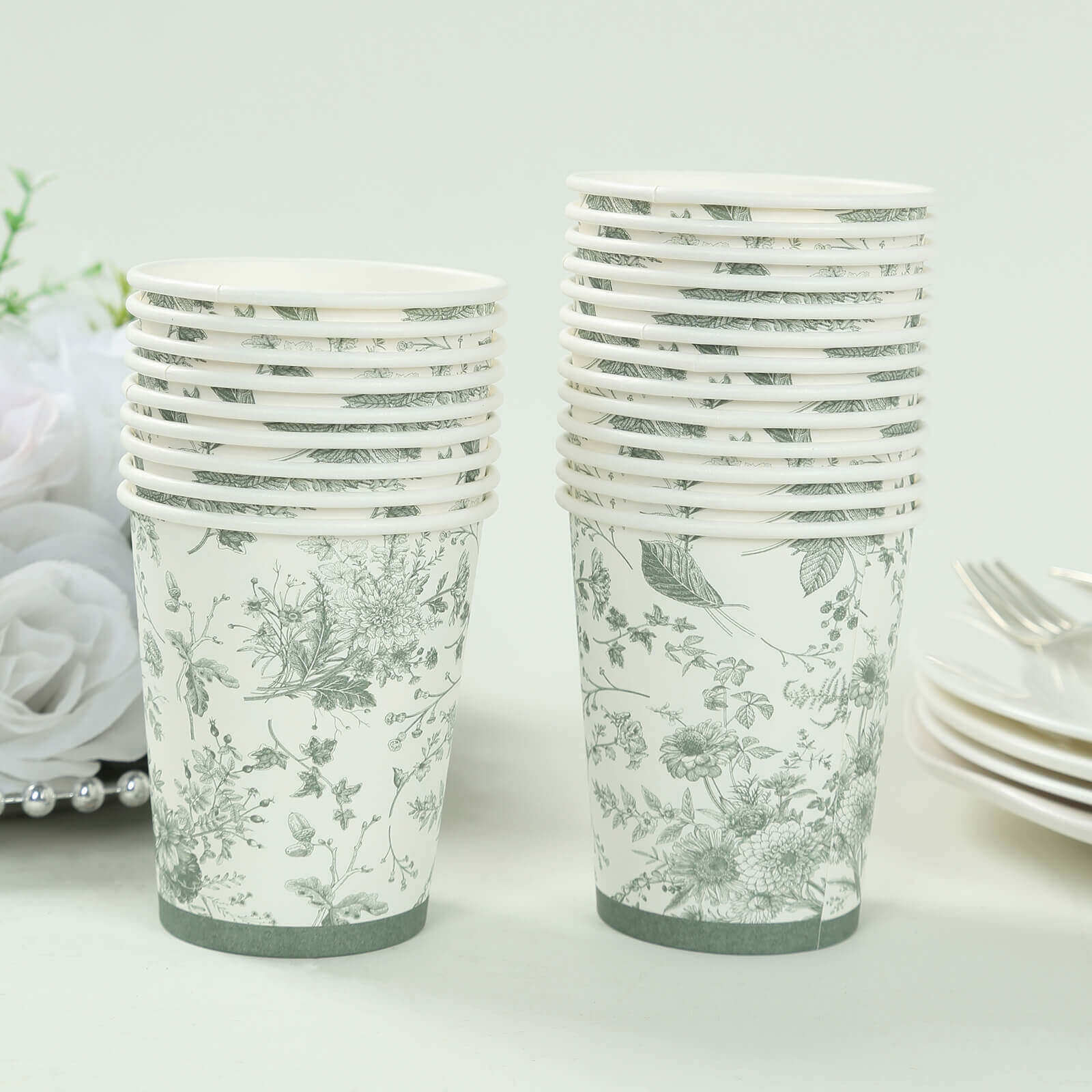 24-Pack Paper Cups White with Sage Green French Toile Print - Stylish Disposable Floral Party Cups for Hot & Cold Beverages 9oz