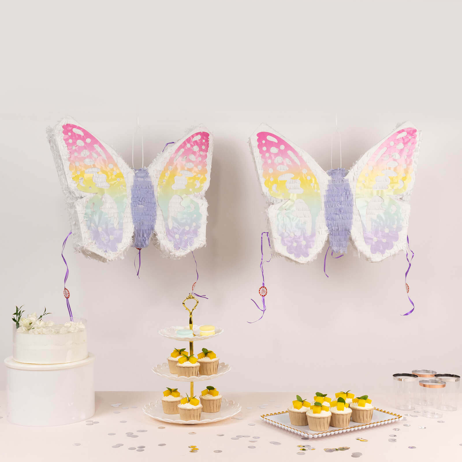 Expandable White Lilac Paper Butterfly Pinata Hanging Decor with Pastel Colored Wings, Fairy Themed Birthday Party Pinata - 23x19