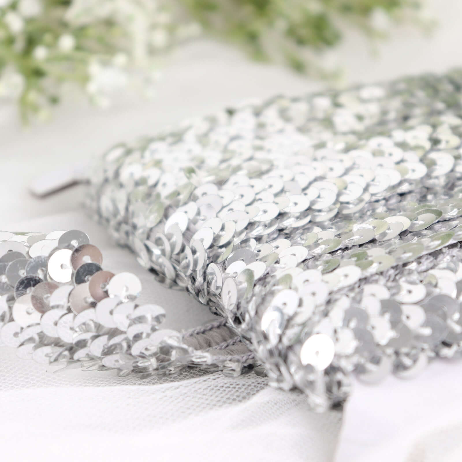 1x10 Yards Metallic Silver Sequin Stretch Fabric Ribbon, Elastic Lace Trim, Shiny Glitter Craft Fabric