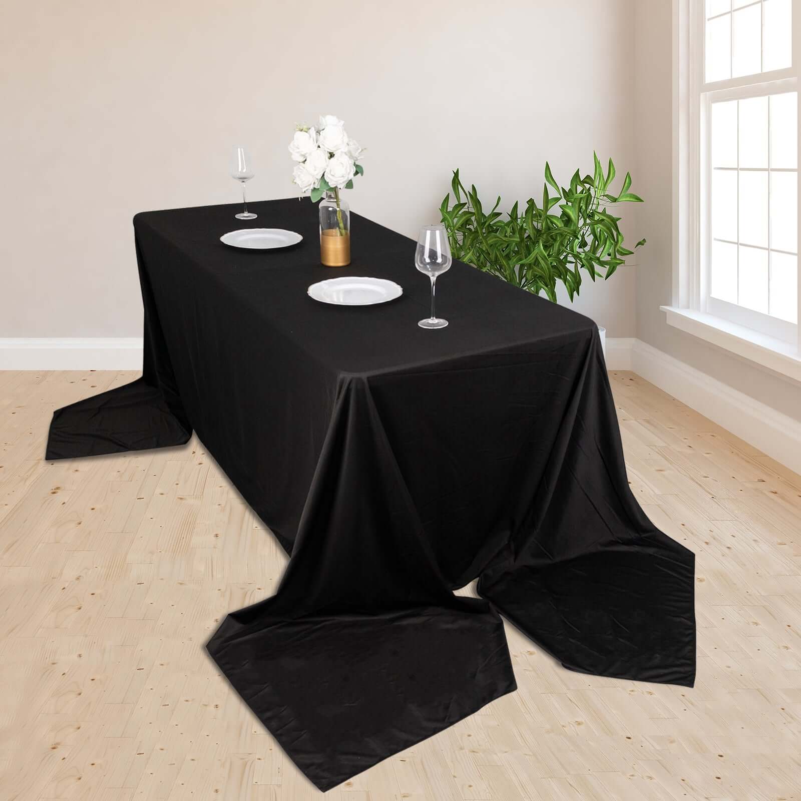 Premium Scuba Rectangular 90x156 Tablecloth Black - Wrinkle Free, Stain Resistant & Seamless Table Cover for Weddings and Parties