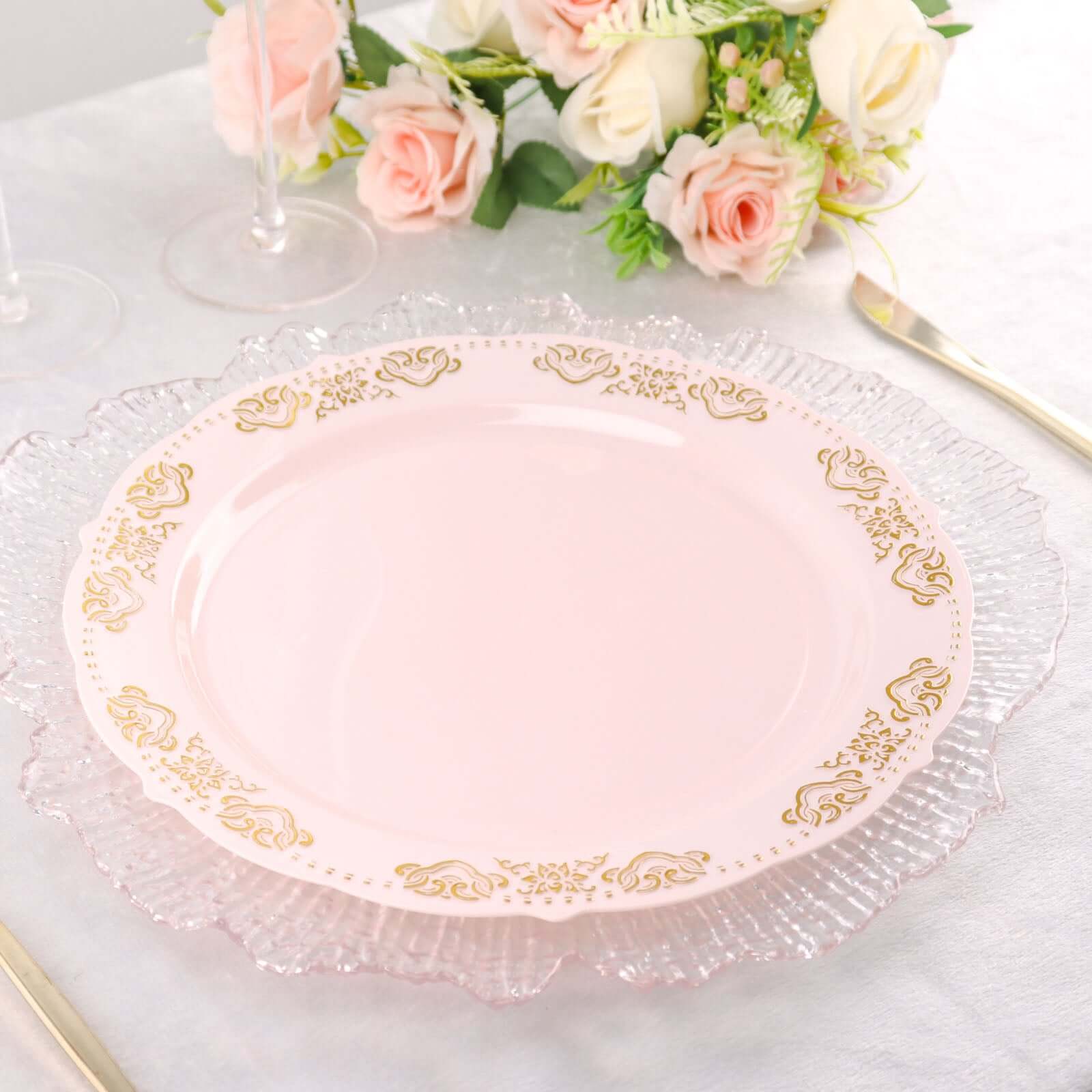 10-Pack Plastic 10 Round Dinner Plates in Blush with Gold Embossed Scalloped Edge - Chic Disposable Party Plates for Special Occasions & Banquets