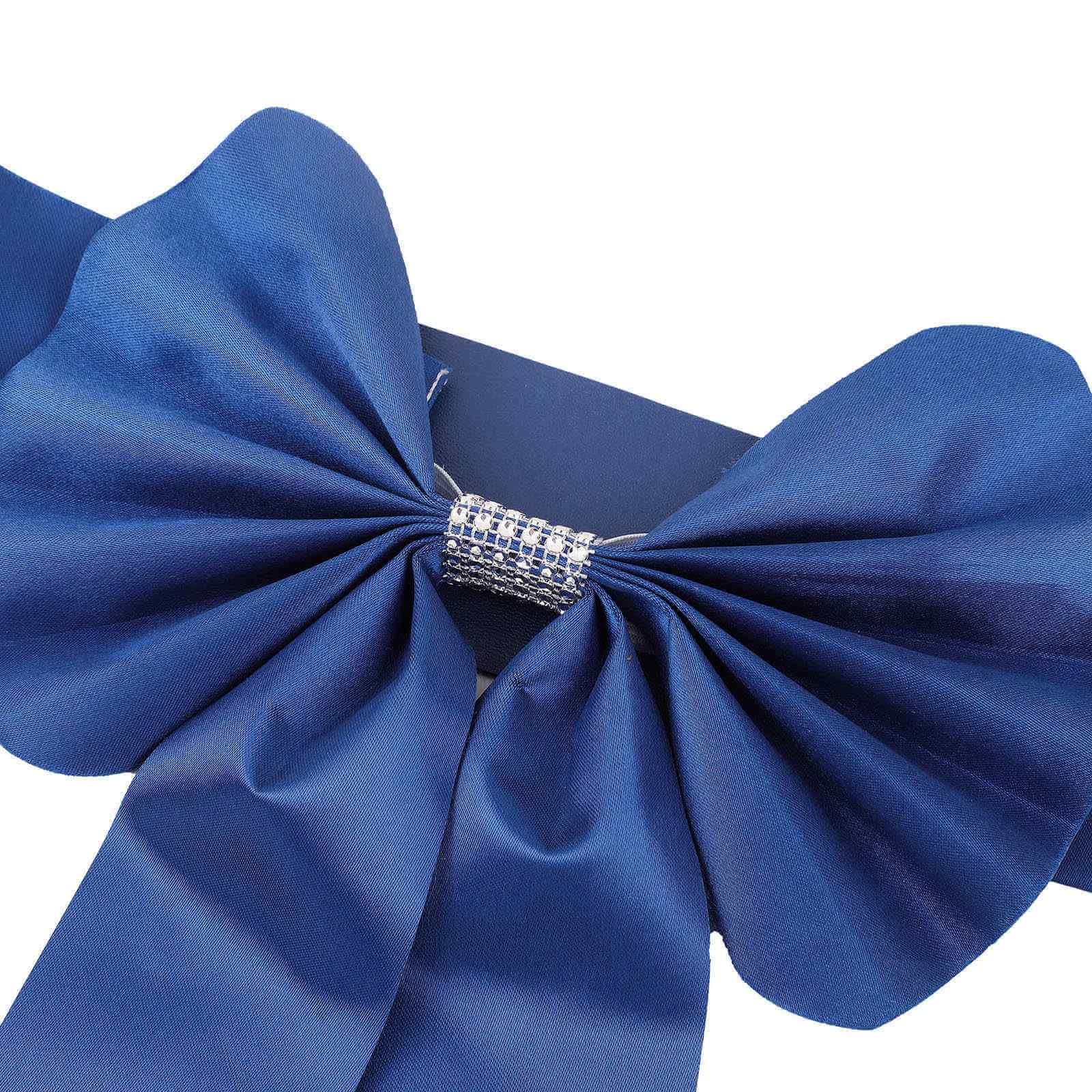 5 Pack Satin Faux Leather Chair Sashes Royal Blue - Durable Double Sided Pre-tied Bow Tie Chair Bands with Diamond Rhinestone Buckles