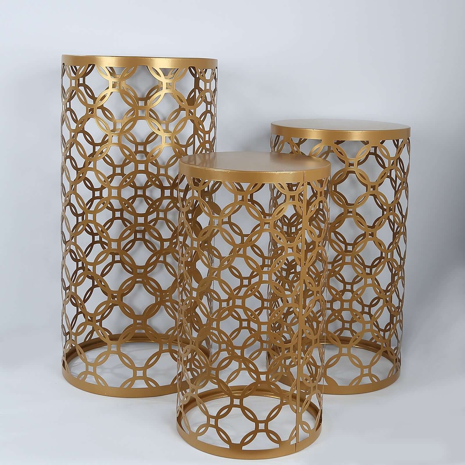 Set of 3 Gold Metal Cylinder Pillar Cake Display Stands, Round Mesh Plinth Pedestal Stand in Hollow Overlapping Circles Pattern - 22,24,30