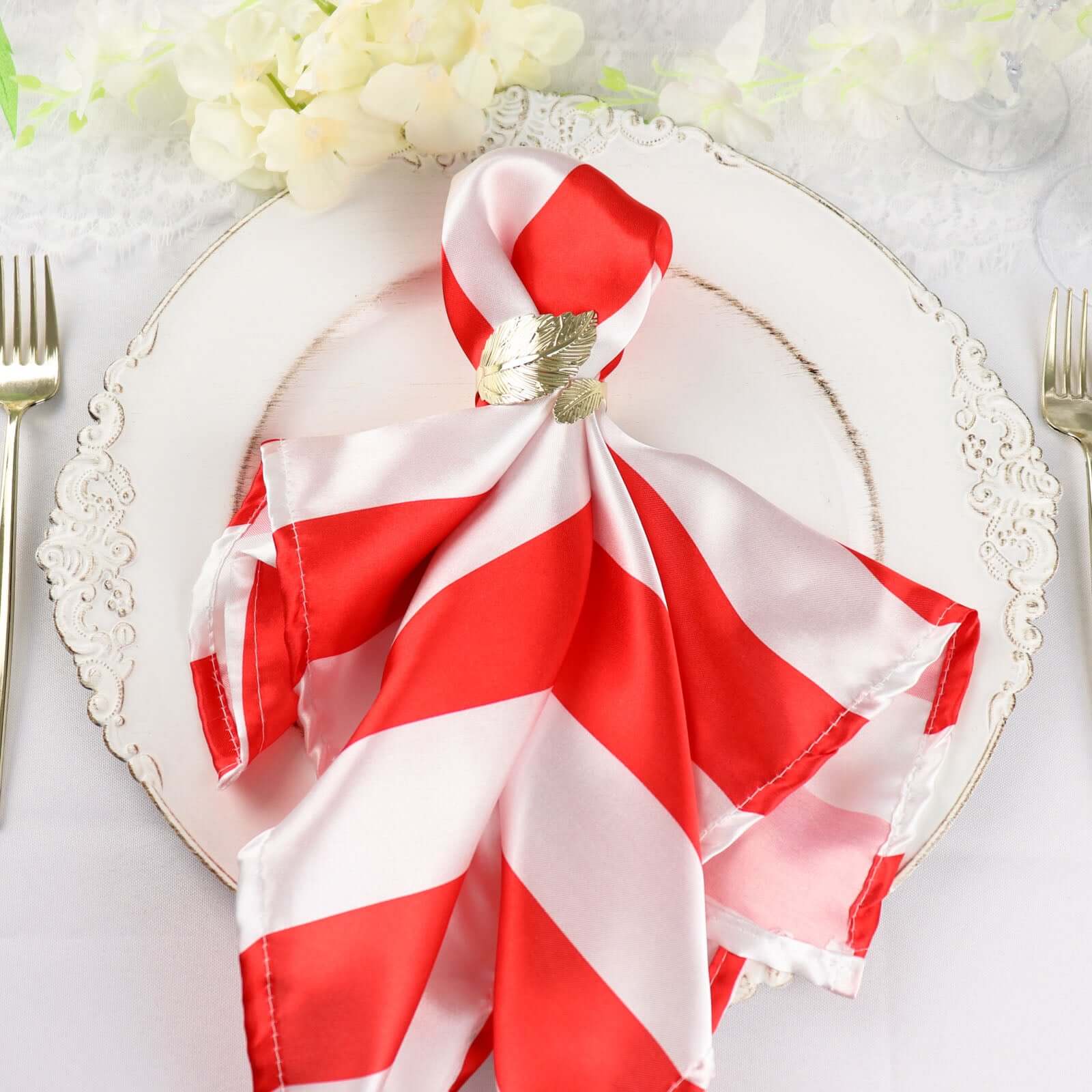 5 Pack Satin 20x20 Napkins Red/White - Striped Reusable Dinner Napkins