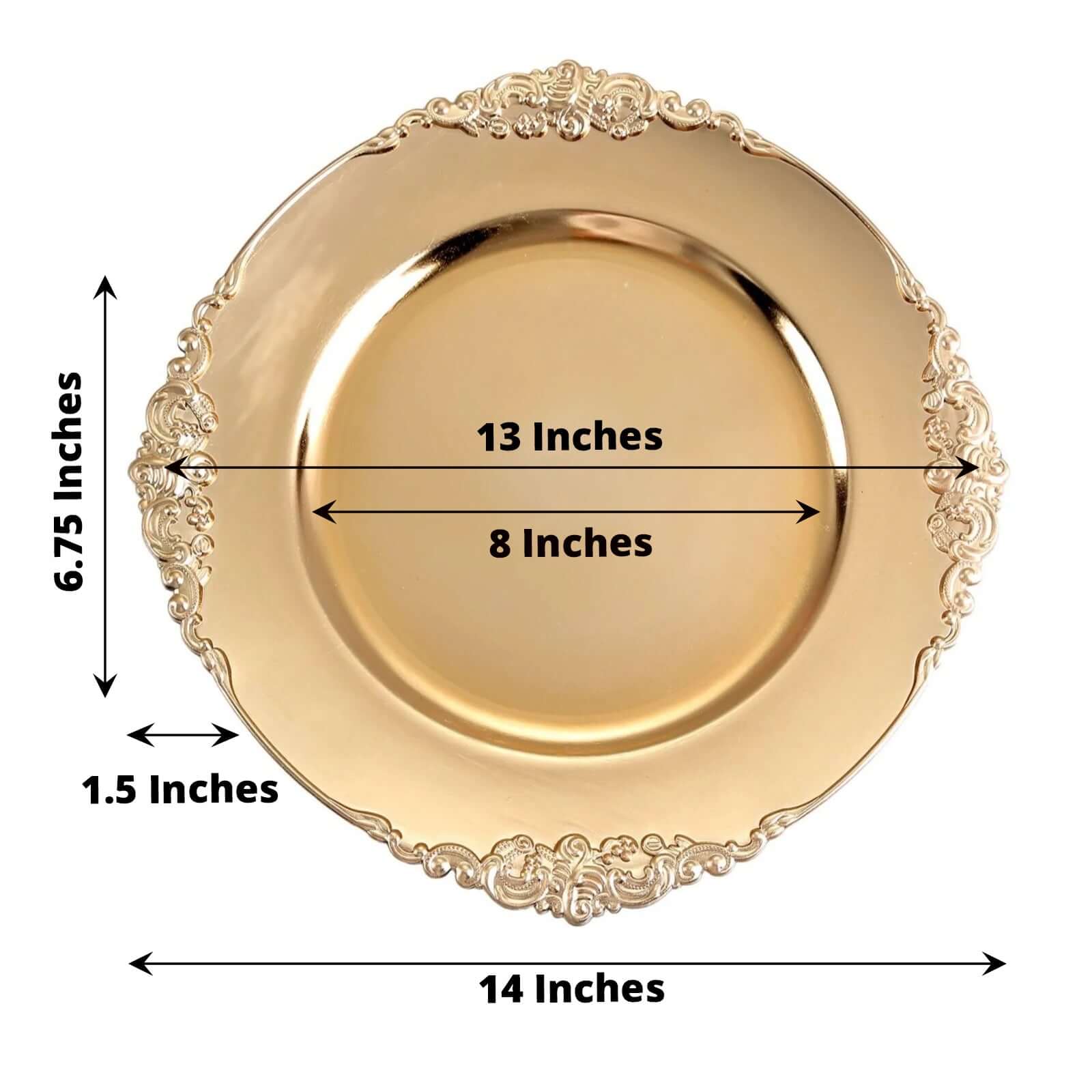 6-Pack Acrylic Round Charger Plates 13 in Gold with Embossed Baroque Rim, Antique Decorative Dinner Party Charger Tableware