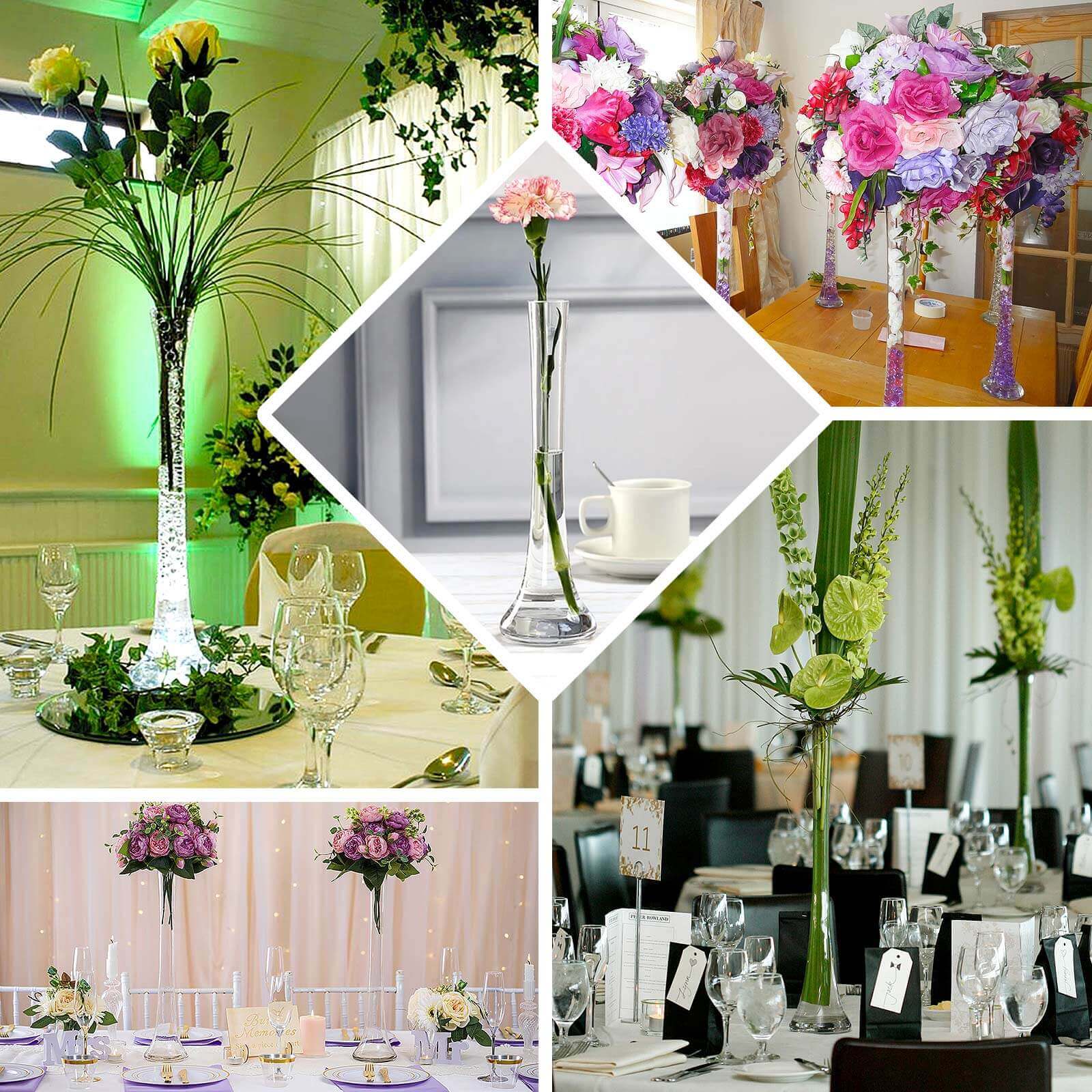 6-Pack Glass Eiffel Tower Vases Clear with Round Base - Tall Skinny Flower Bud Wedding Centerpieces 24