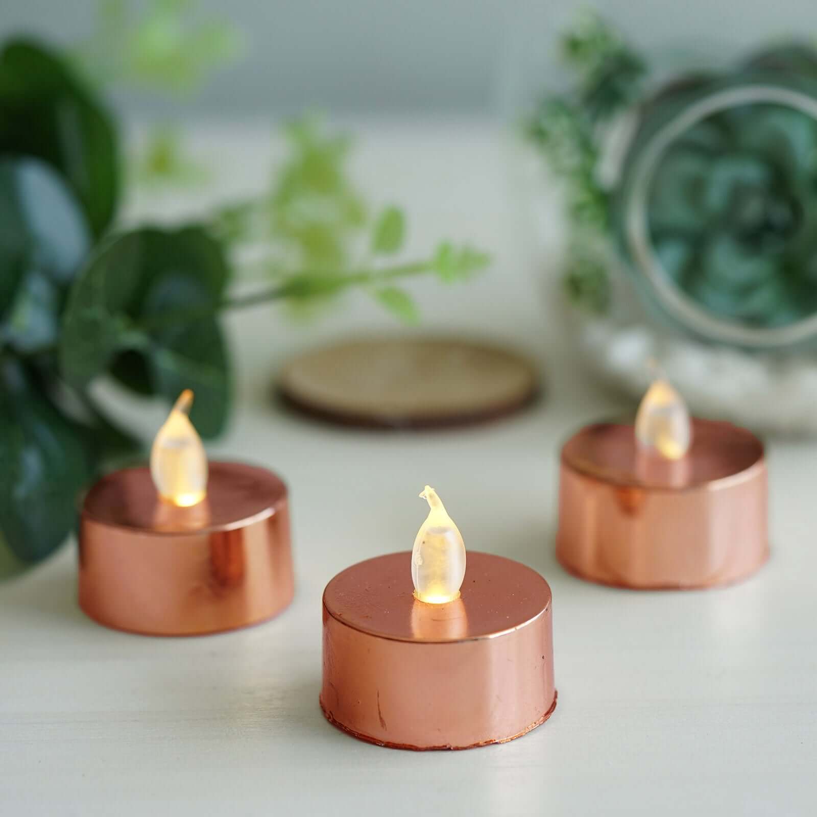 12-Pack LED Tealight Candles Rose Gold Metallic Design - Reusable Flameless Battery Operated Lights