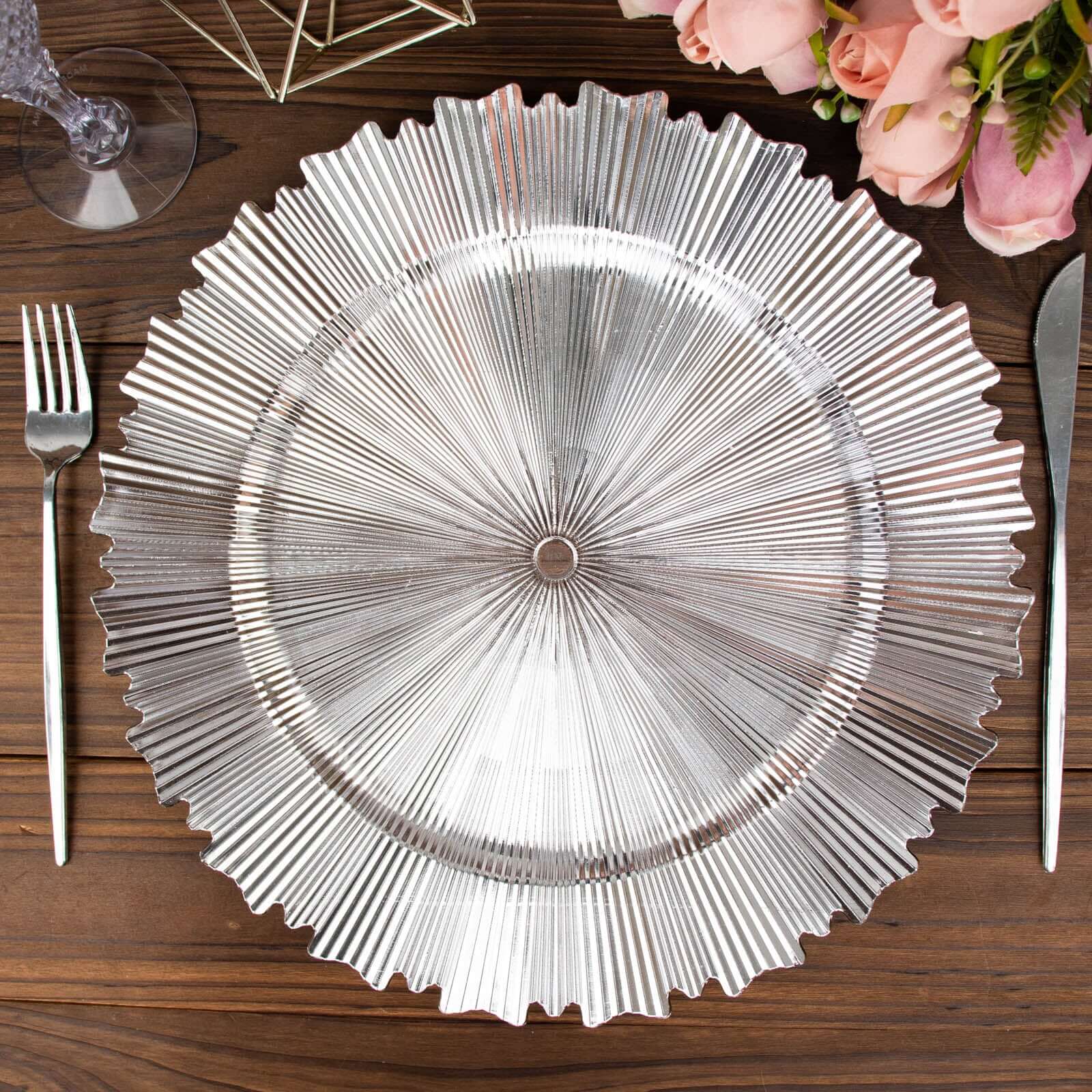 6-Pack Acrylic Plastic Round Charger Plates 13 in Metallic Silver with Sunray Scalloped Rim, Decorative Dinner Party Charger Tableware