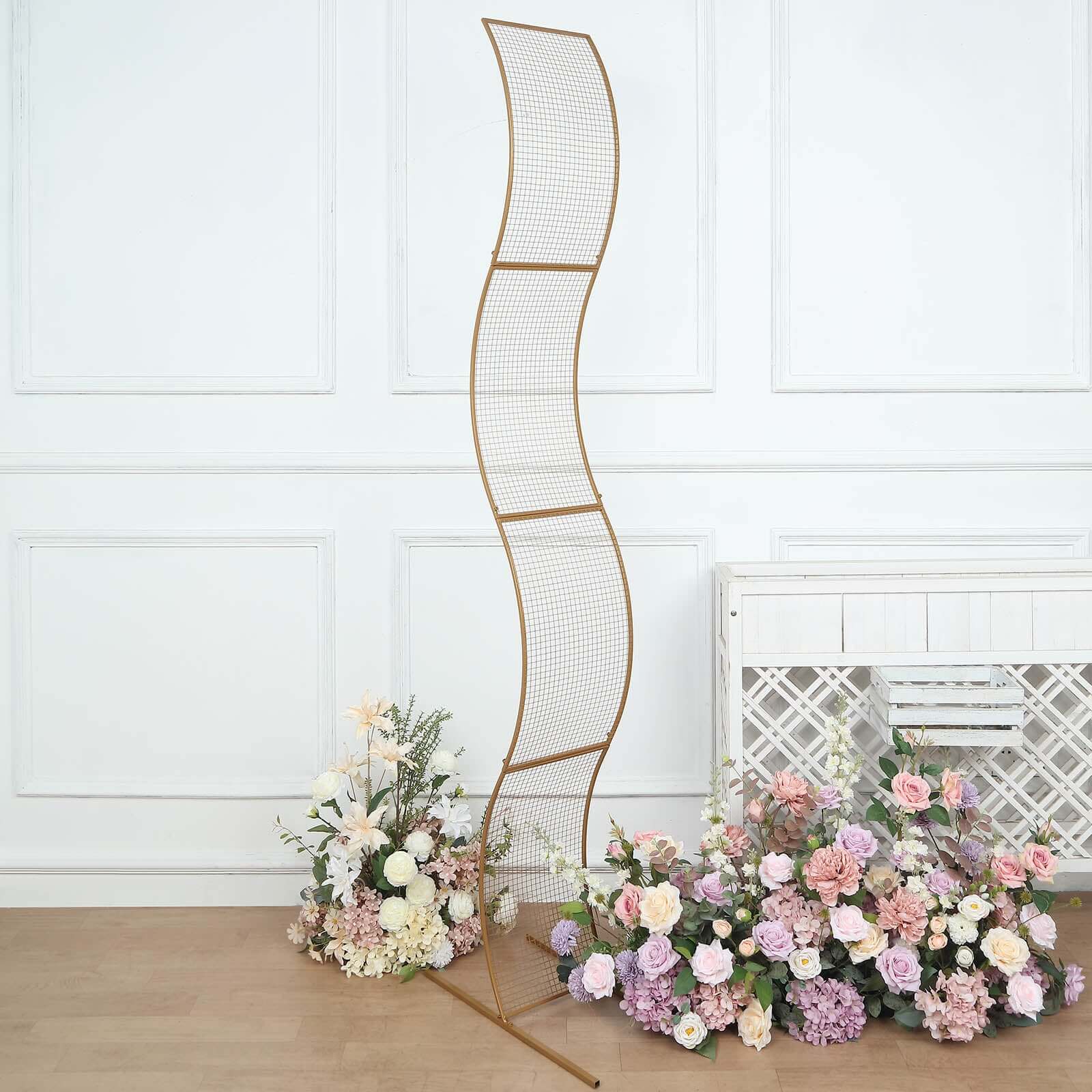 7ft Gold Metal Lattice Grid S-Shaped Wedding Arch Aisle Display Decor, Wavy Flower Frame Backdrop Stand