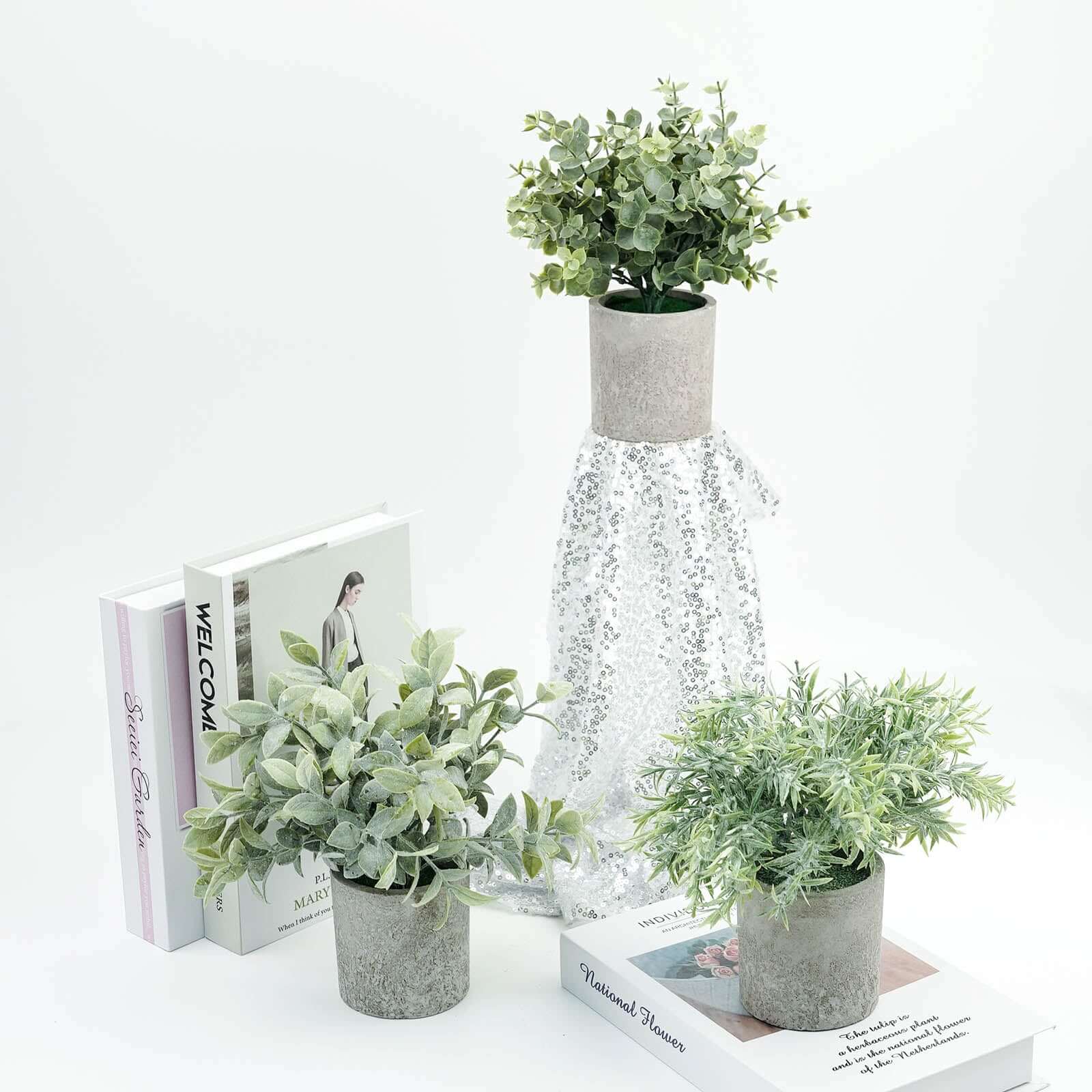 3 Plant Set Mini Potted Artificial Eucalyptus, Rosemary and Boxwood Faux Planter Collection - Small Decorative Faux Herb Garden for Desk Countertops Table Shelf Display 9