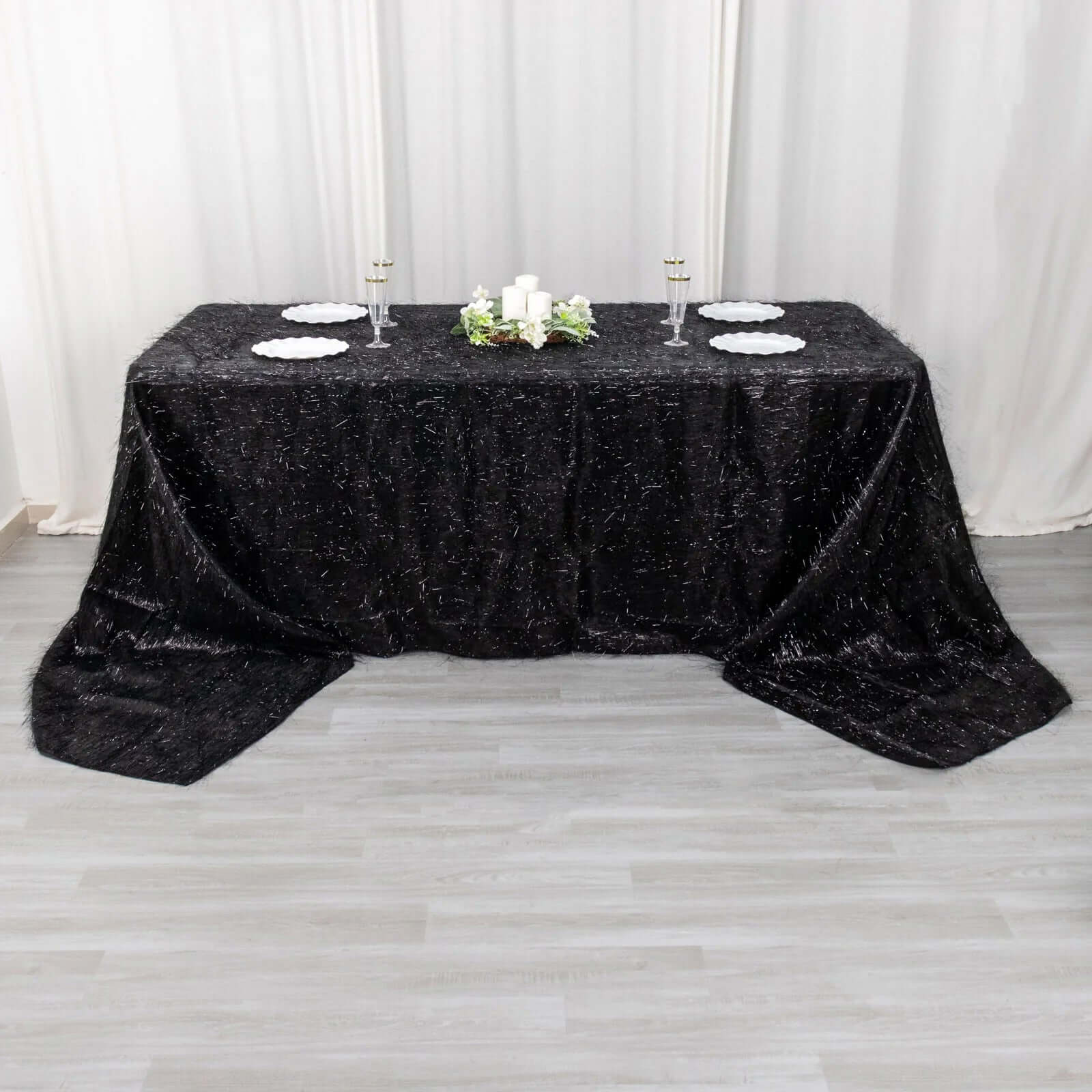 Polyester 90x156 Rectangle Tablecloth Black Metallic Fringe Shag Tinsel Table Cover