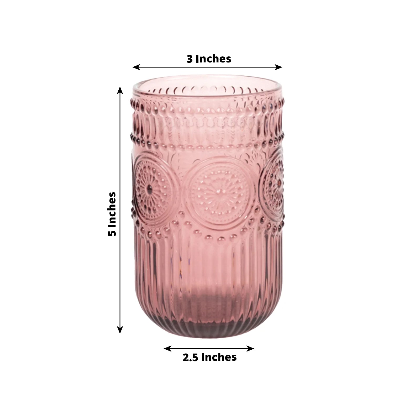 6-Pack Glass Tumblers Dusty Rose Vintage Embossed Design with Textured Floral Pattern - Highball Glasses for Drinks & Parties 14oz