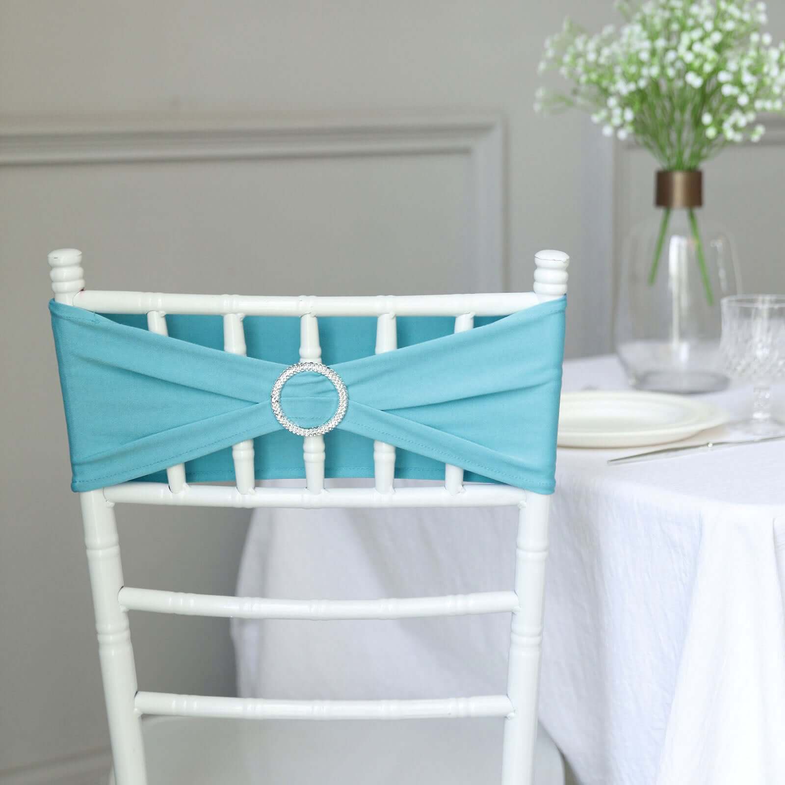 5 Pack Stretch Spandex Chair Sashes Turquoise - Reusable Chair Bands with Silver Diamond Ring Slide Buckle 5x14