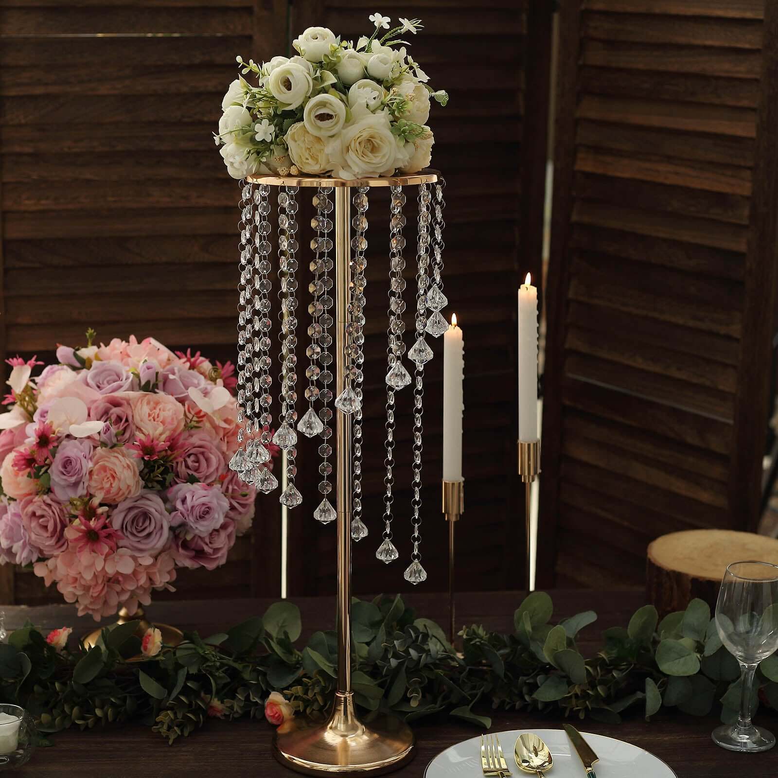 2-Pack Metal Flower Stand Gold with Spiral Hanging Beads - Crystal Pedestal Table Wedding Centerpiece 24