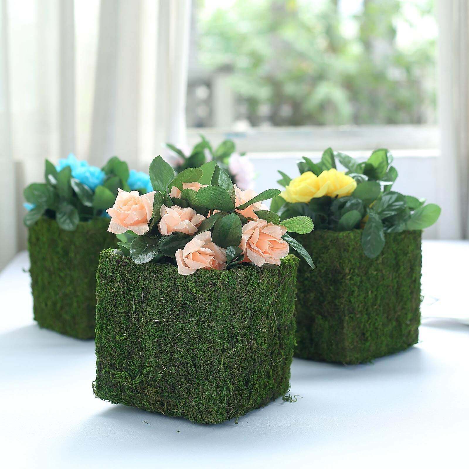 4-Pack Square Planter Boxes Covered with Inner Lining Green Preserved Moss - Flower Basket Centerpieces 6