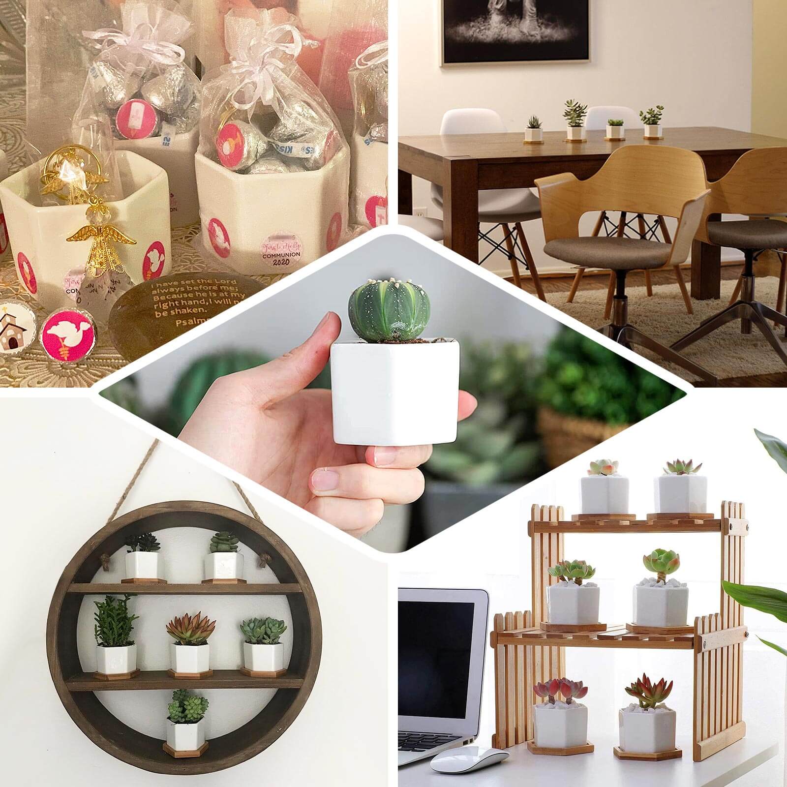 6-Pack Planter Pots Geometric Hexagon Design White - Ceramic Pots with Bamboo Tray and Removable Bottom 3