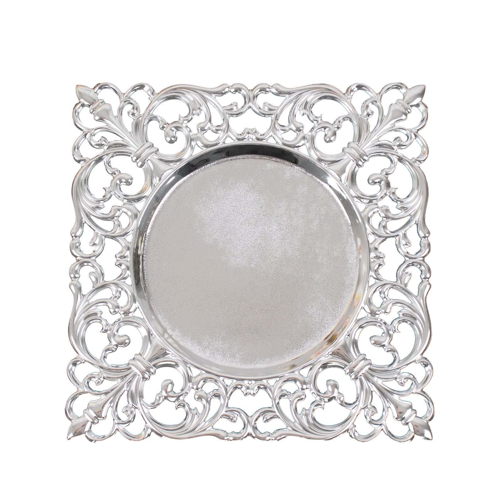 6-Pack Acrylic Square Charger Plates 12 in Silver with Hollow Lace Border, Event Tabletop Decorative Charger Tableware