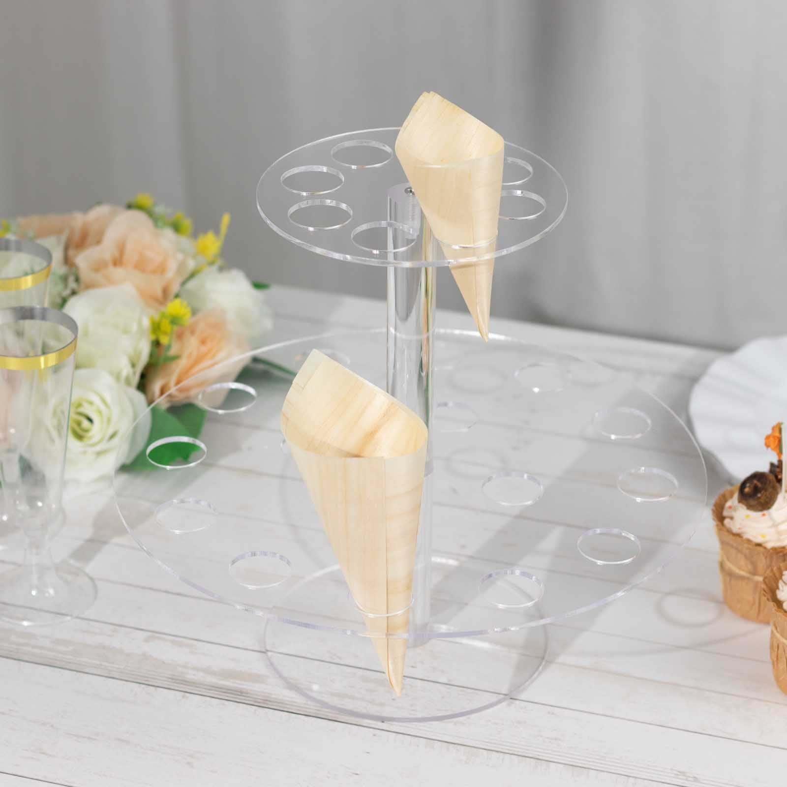 2 Tier Acrylic Round Ice Cream Cone Holder Clear - Sturdy Appetizer Dessert Display Stand with 24-Slots for Easy & Stylish Event Party Table Setup 12